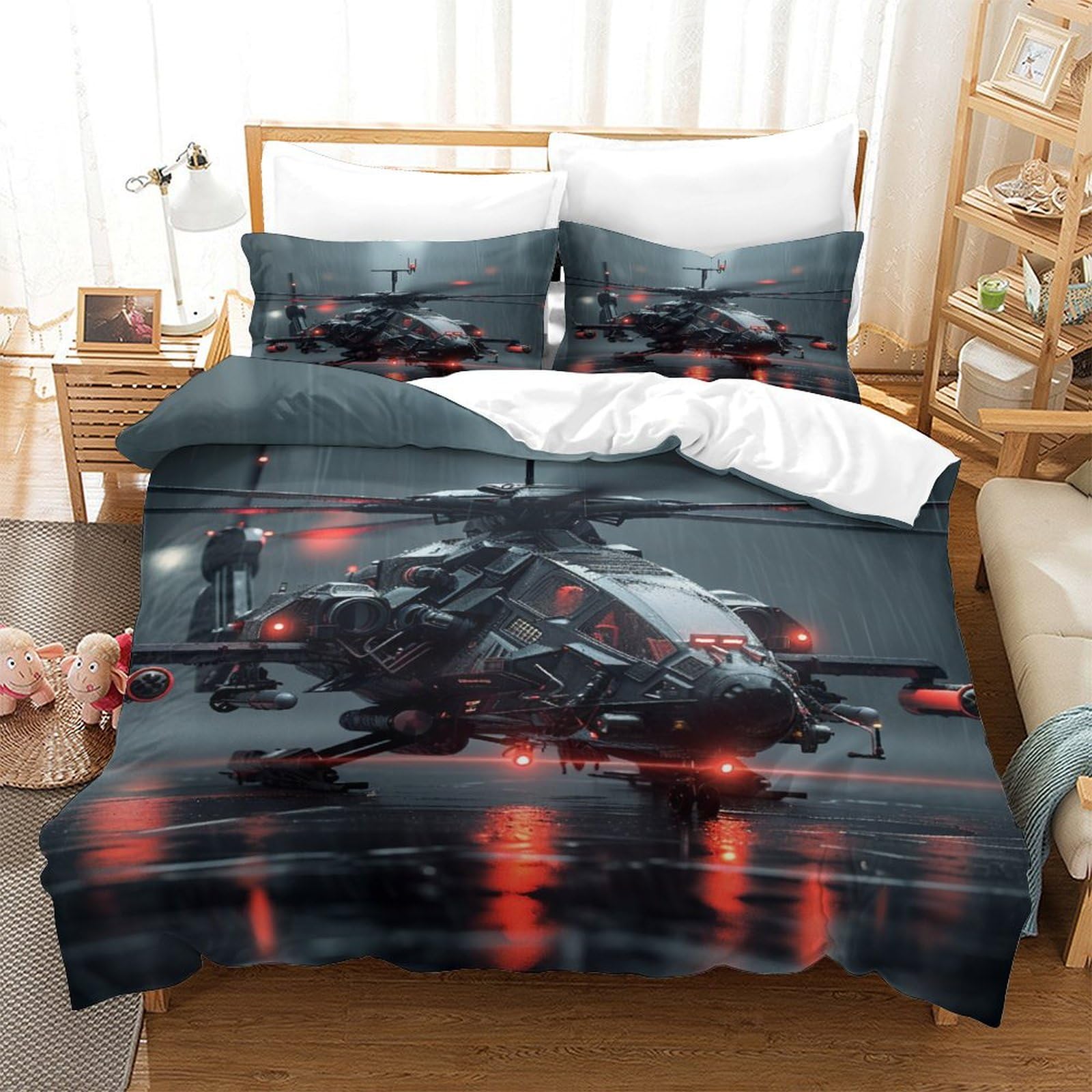 Housse de couette hélicoptère 260x220 cm avec ses deux taies d'oreiller en microfbre douce