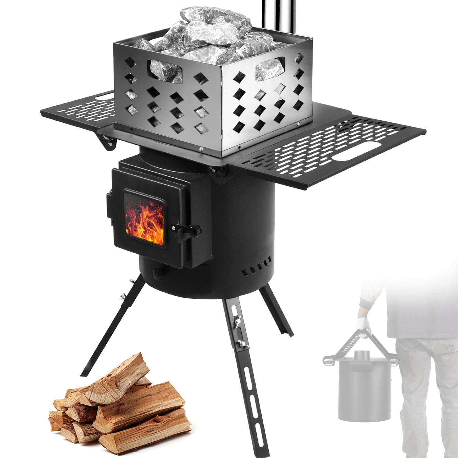 Multifunctional Enamel Wood Burning Stove,Portable Wood Stove - Tent Heaters for Camping,Cooking, Ice Fishing, RV Travel, Sauna | High-Temperature Enamel Rust-Proof | Large Capacity Firebox