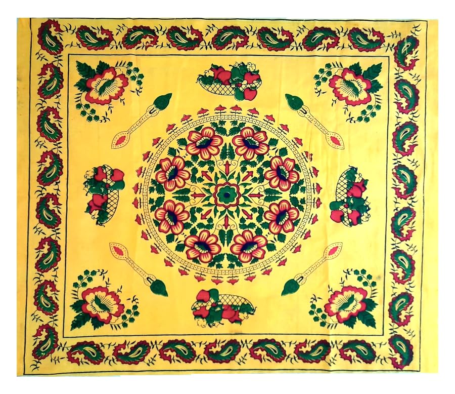 New General Quality Fabric Traditional Cotton Printed Dastarkhan/Dastarkhwan (Table Cloth) 27x34 inch with Combination of Yellow/Green and Red Floral Design