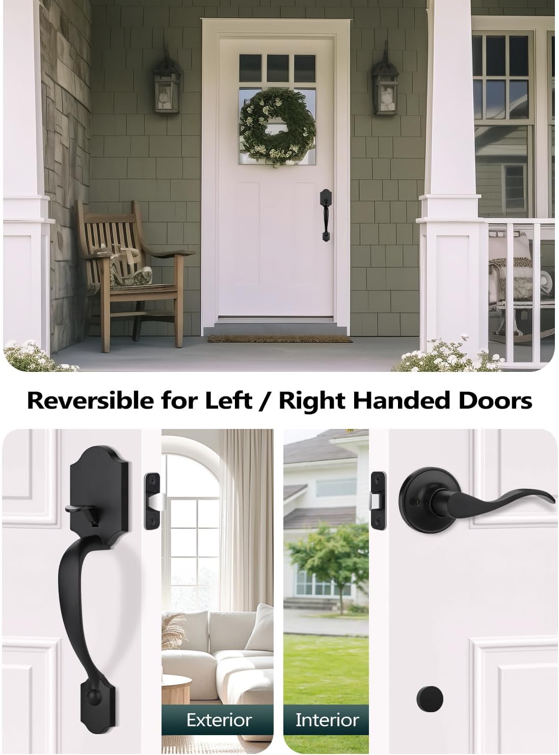 EHOMEWARE 1 Pack Black Door Handle Exterior, Front Door Handle No Lock, Entry Door Lever Without Key, Wave Design, Reversible for Left/Right Sided Doors, Matte Black Door Knob