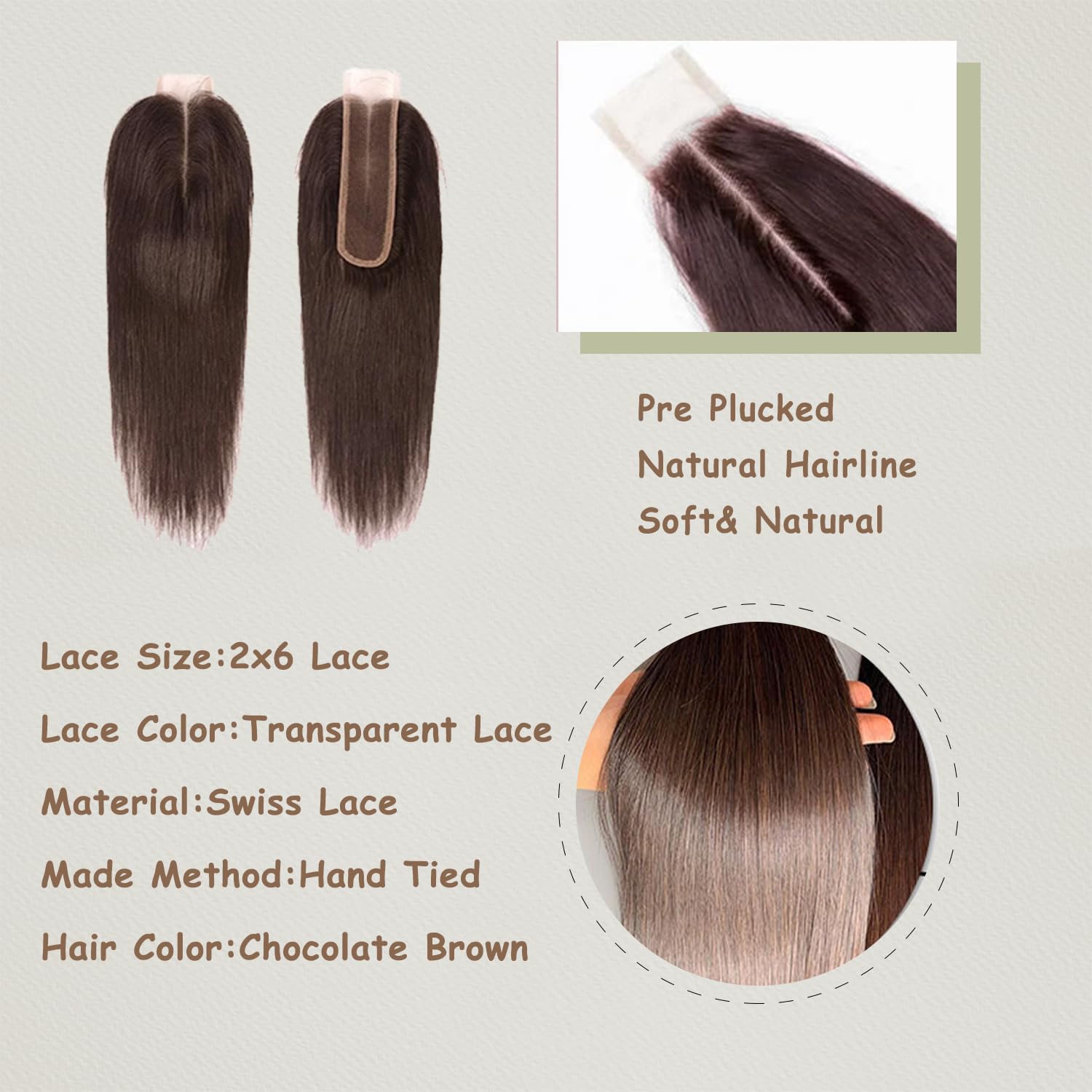 2x6 Closure Chocolate Brown 4# Closure Straight 100% Unprocessed Brazilian Virgin Hair With Pre Plucked BabyHair Transparent Lace Closure Hair Extensions Pre Plucked Closure For Women 12 Inch - Image 2