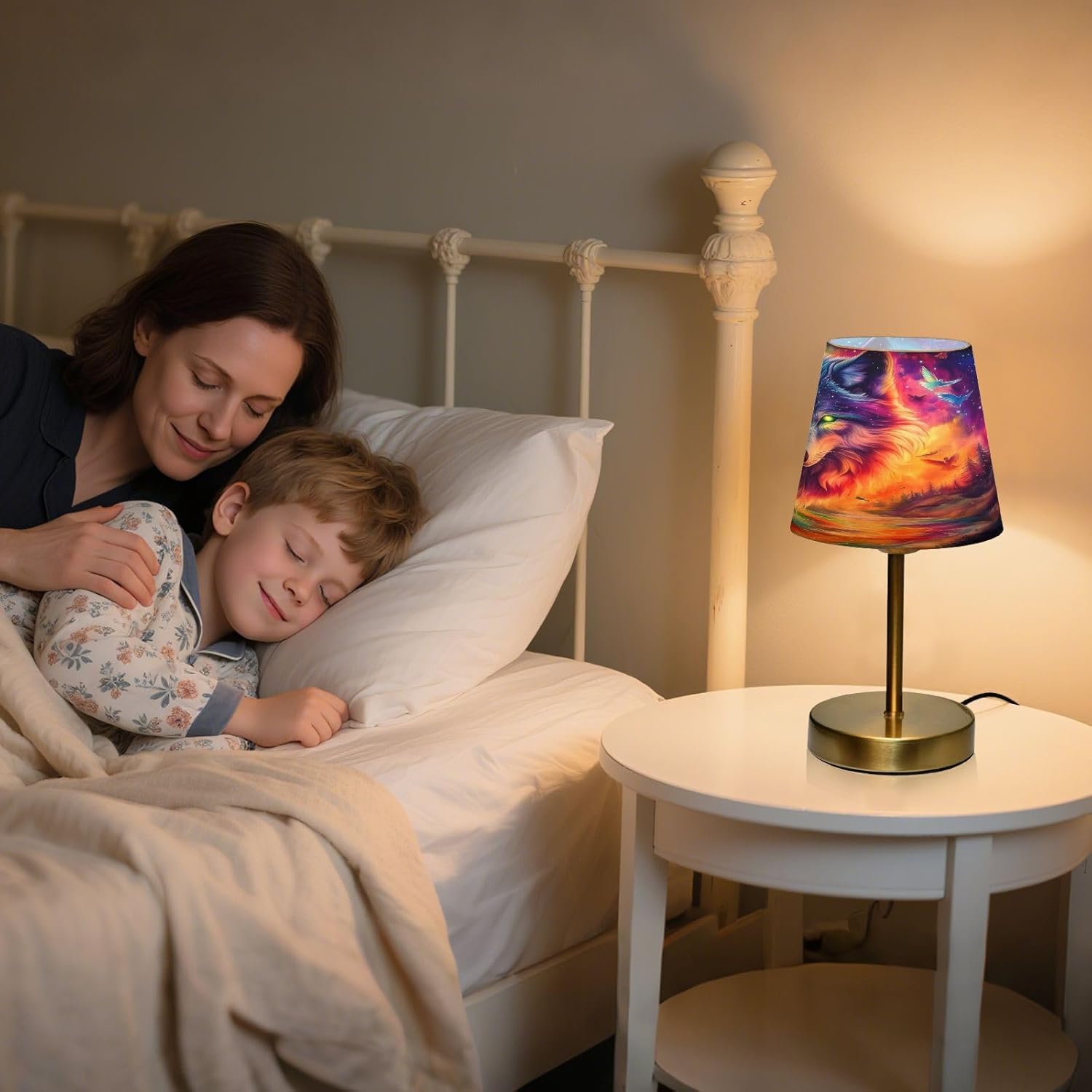 Table Lamp for Bedroom Nightstand Wolf Galaxy Forest Fire Night Bedside Lamp with USB Port Fabric Shade Dimmable Desk Lamps Bronze Metal Base Living Room