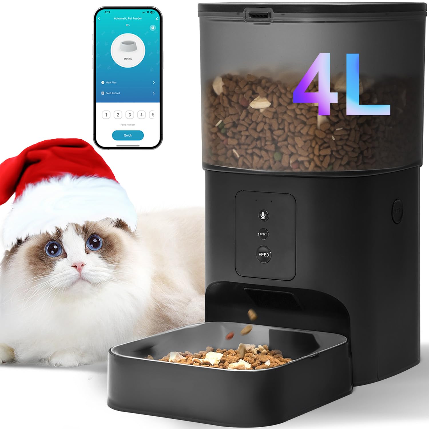 2.4G Automatic Cat Feeder, Cat Food Dispenser with 10s Voice Recorder, Pet Feeder up to 8 Meals per Day, Timed Feeder with Dry Food Sealed Ring (Black, 4L-WiFi)