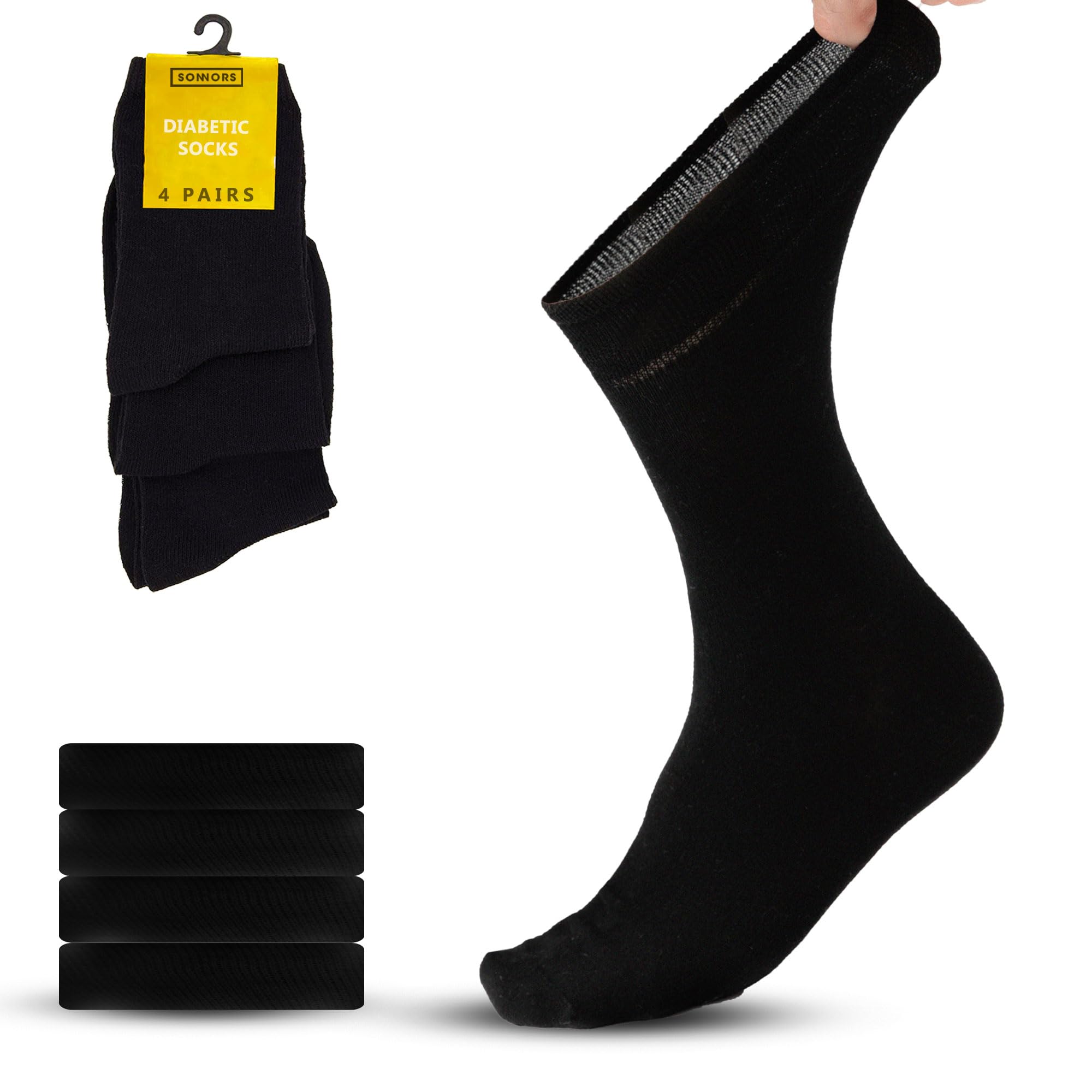 Sonnors Unisex 4 Pairs - Black 4 Pairs Bamboo Black Diabetic Socks Mens Womens 3-5 - Soft Grip Seamless Wide Calf Compression Socks