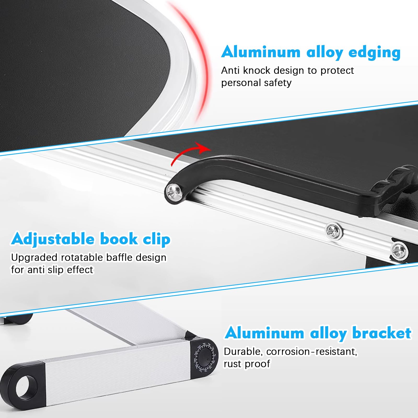 Support Livre - Hauteur Réglable Porte Livre avec Bras en Aluminium Durables, Repose Livre Pupitre de Lecture pour Couvertures Rigides épaisses, Recettes, Ordinateur et iPad