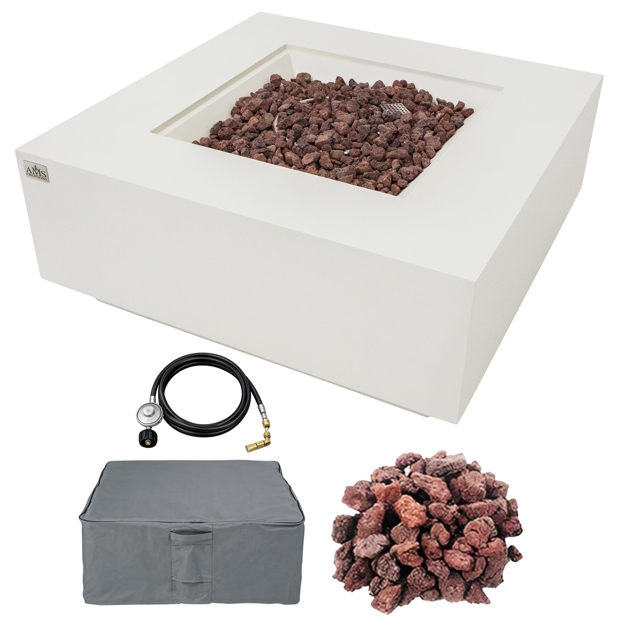 AMS 40" Square Concrete GFRC Propane Gas Fire Pit Table (Cream White)