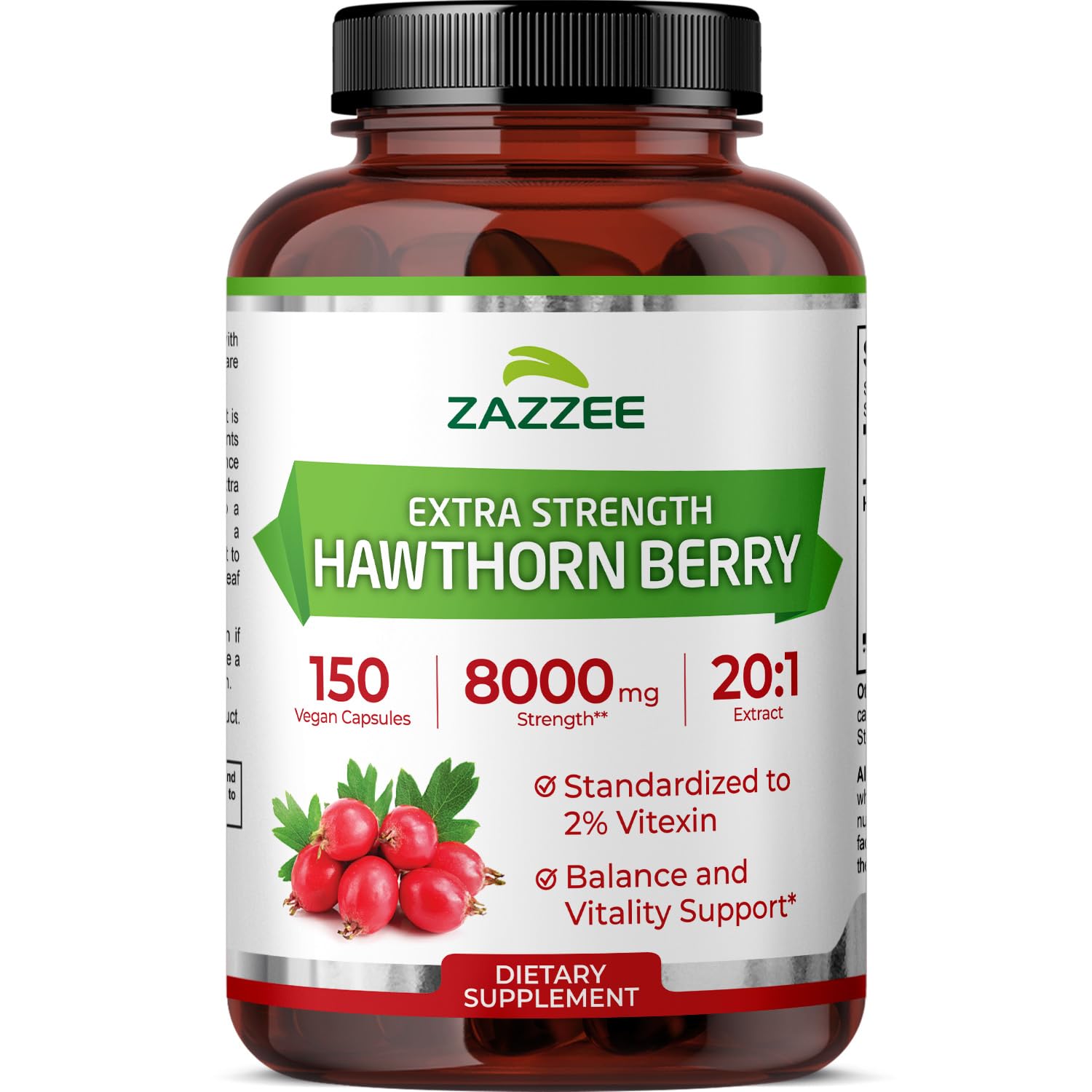 Zazzee Extra Strength Hawthorn Berry 20:1 Extract, 8000 mg Strength, 2% Vitexin, 150 Vegan Capsules, 5 Month Supply, Concentrated and Standardized Potent 20X Extract, Non-GMO and All-Natural
