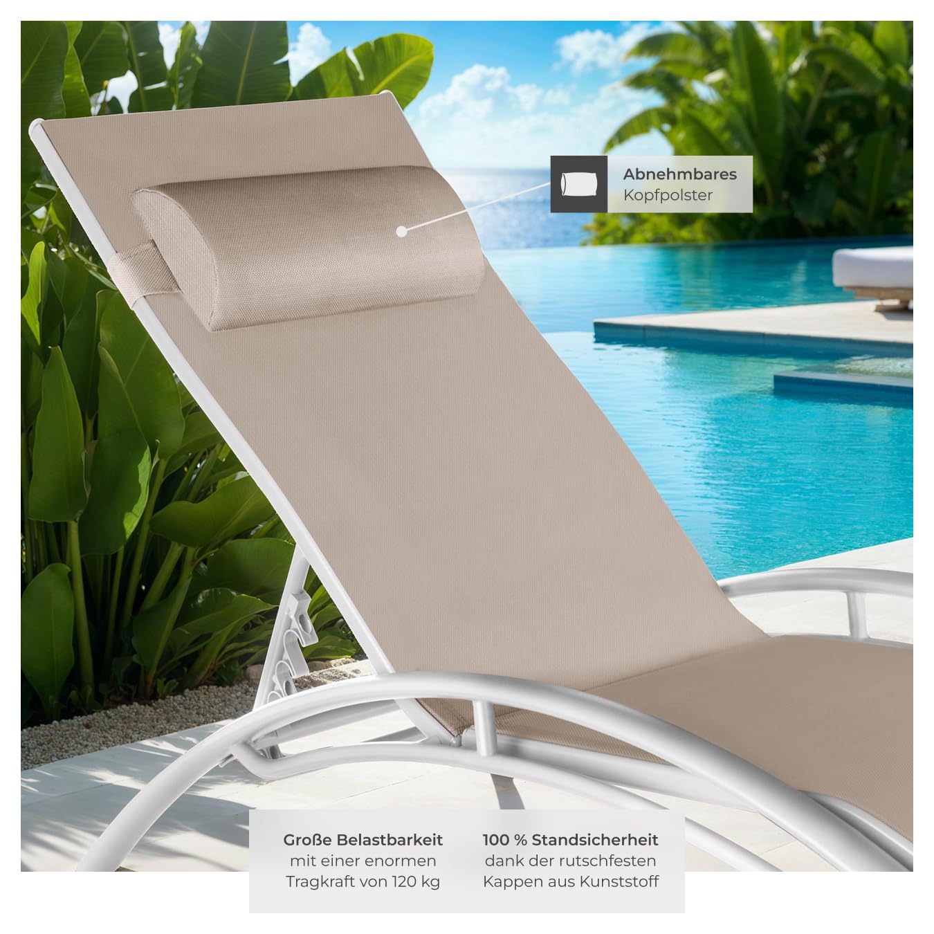 tectake 2er Set Gartenliege, Aluminium Sonnenliege, wetterfest, ideal für Garten, Balkon, Terrasse, praktischer Liegestuhl, inklusive Kopfpolster, 5-Fach verstellbare Rückenlehne -beige