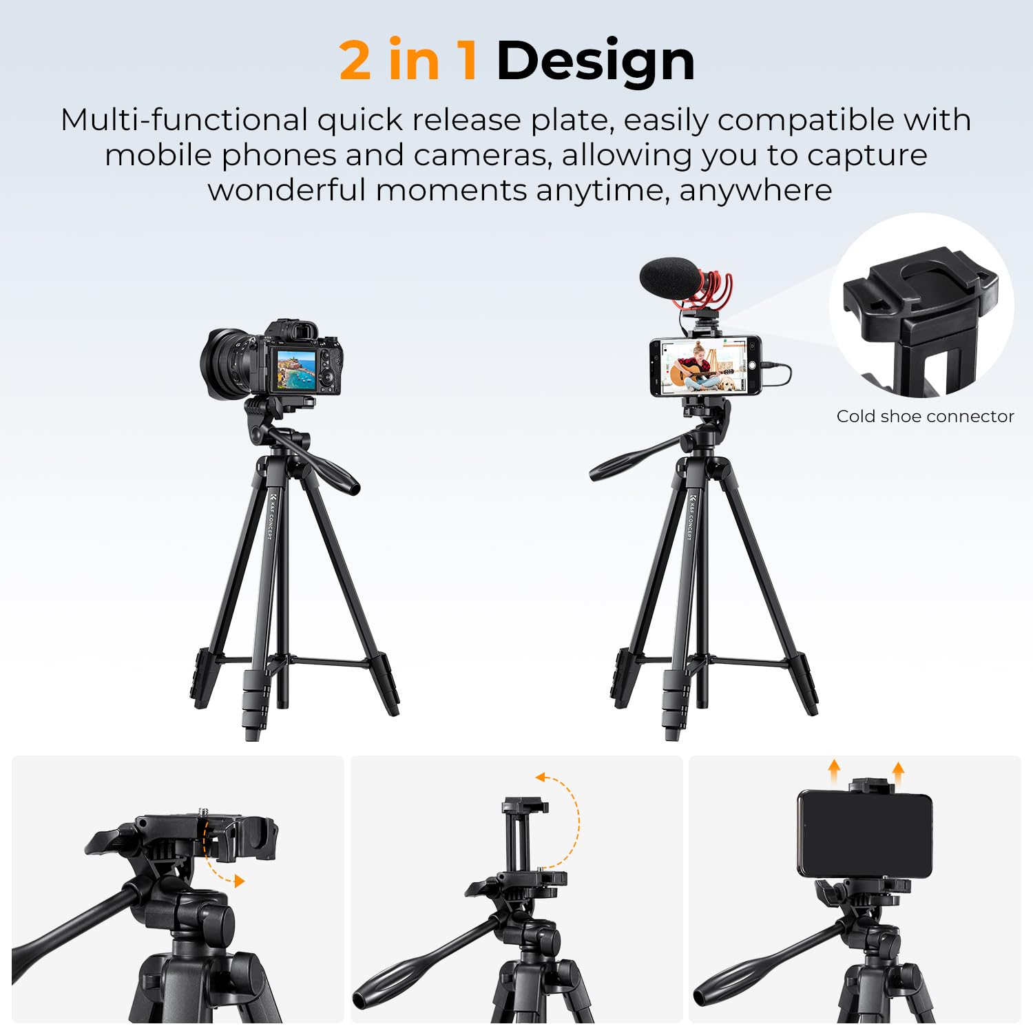 Treppiede Fotocamera e Smartphone 152cm, K&F Concept Treppiedi Leggero da Viaggio con Telecomando Wireless per Canon Nikon Sony iPhone Samsung, Huawei, Xiaomi, Live Stream YouTube Living Vlog