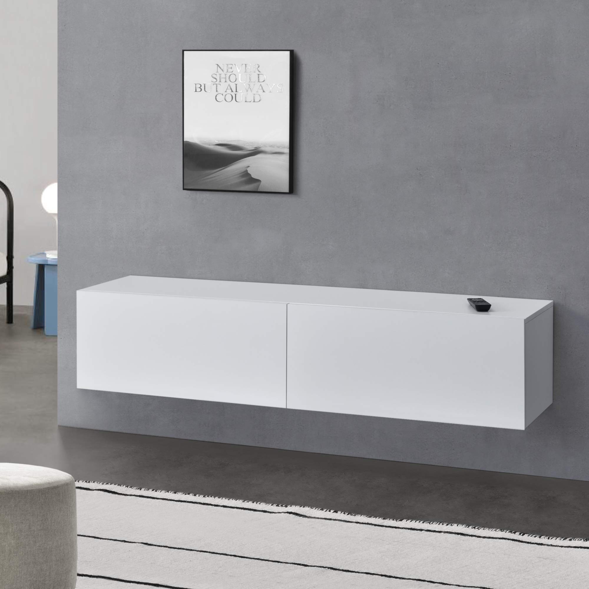 [en.casa] TV Lowboard hängend Evaton Hängeboard mit 2 Schranktüren Fernsehschrank schwebend Wohnzimmer 140 x 33 x 30 cm Weiß matt