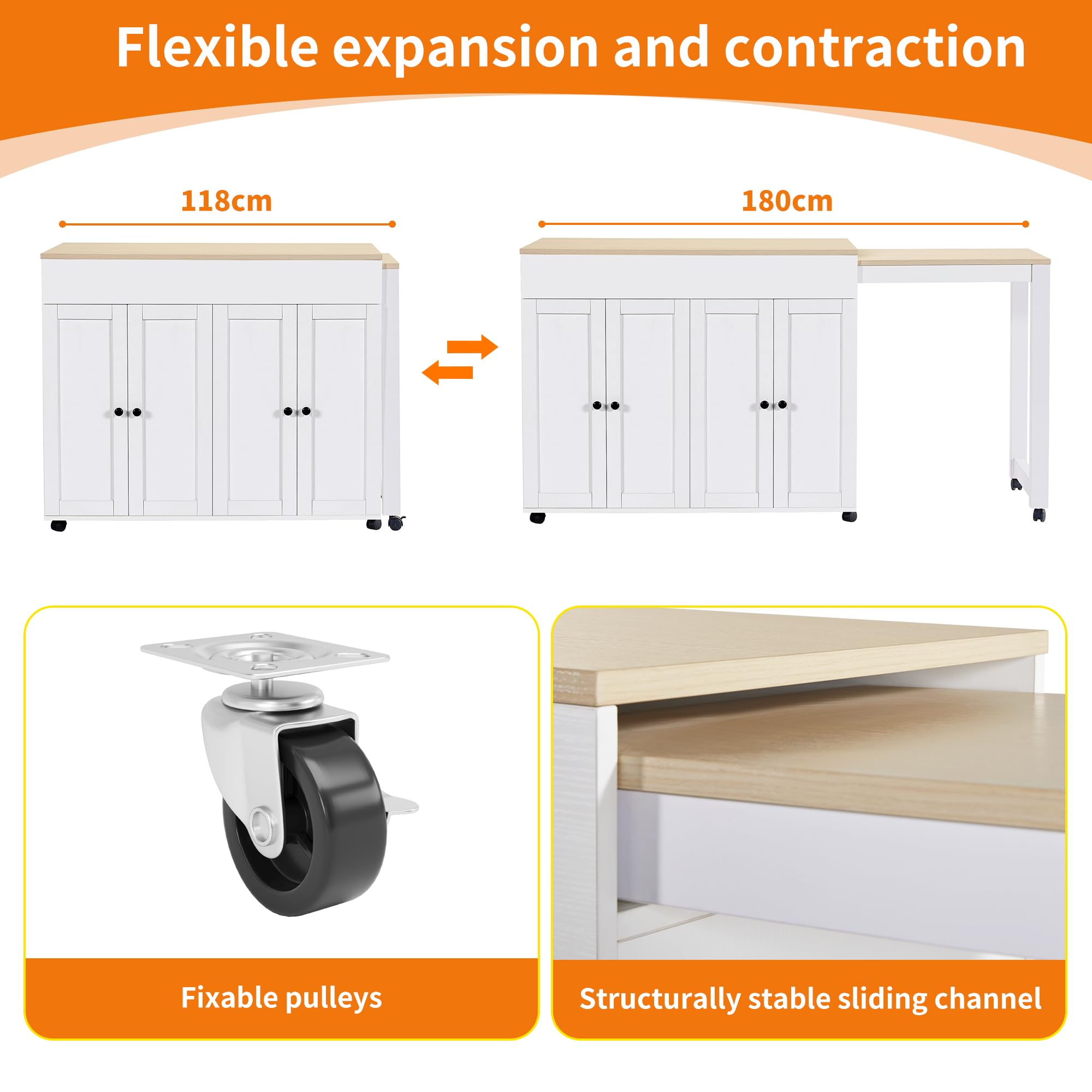 Mesa de bar extensible (118-180×50×94cm), isla de cocina extensible con espacio de almacenamiento, con seis estantes, mesa de bar, para comedor, para usar como divisor, color blanco