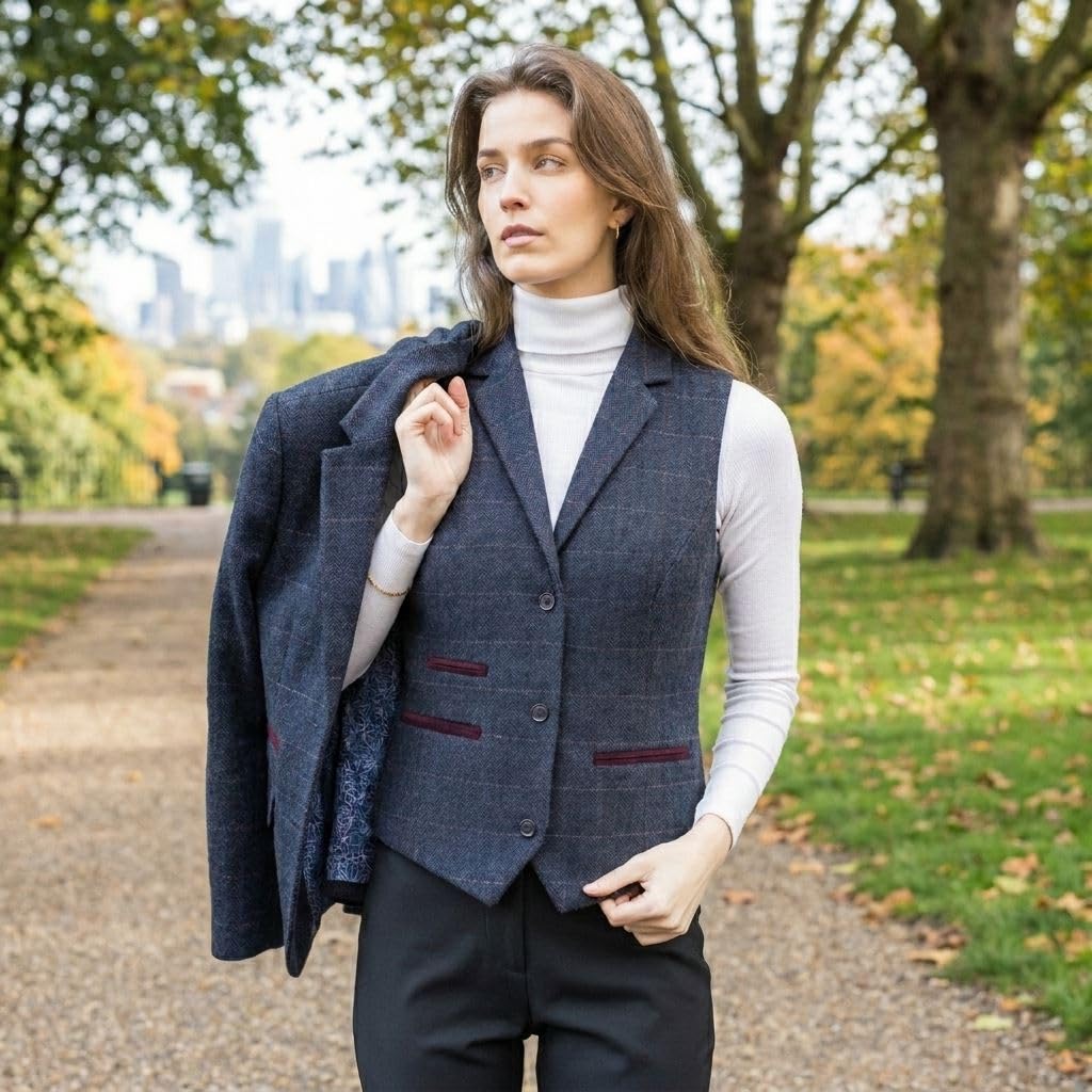 TruClothing Gilet blazer da donna in tweed misto lana blu navy a scacchi a spina di pesce