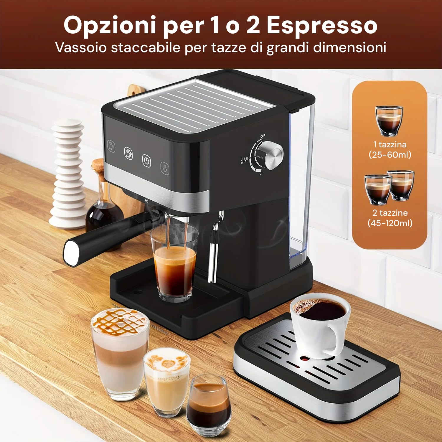 Wintem Macchina del Caffè in Plastica e Acciaio1050W 1,5L in Nero - Doppio Filtro in Metallo - Funzione Montalatte Innovativa - Ugello Vapore Staccabile Pratico e Facile da Pulire