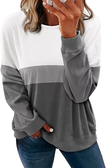 KISSMODA Womens Casual Long Sleeve Sweatshirts Color Block/Solid Tops Corduroy Crewneck Tunic Pullover with Pockets