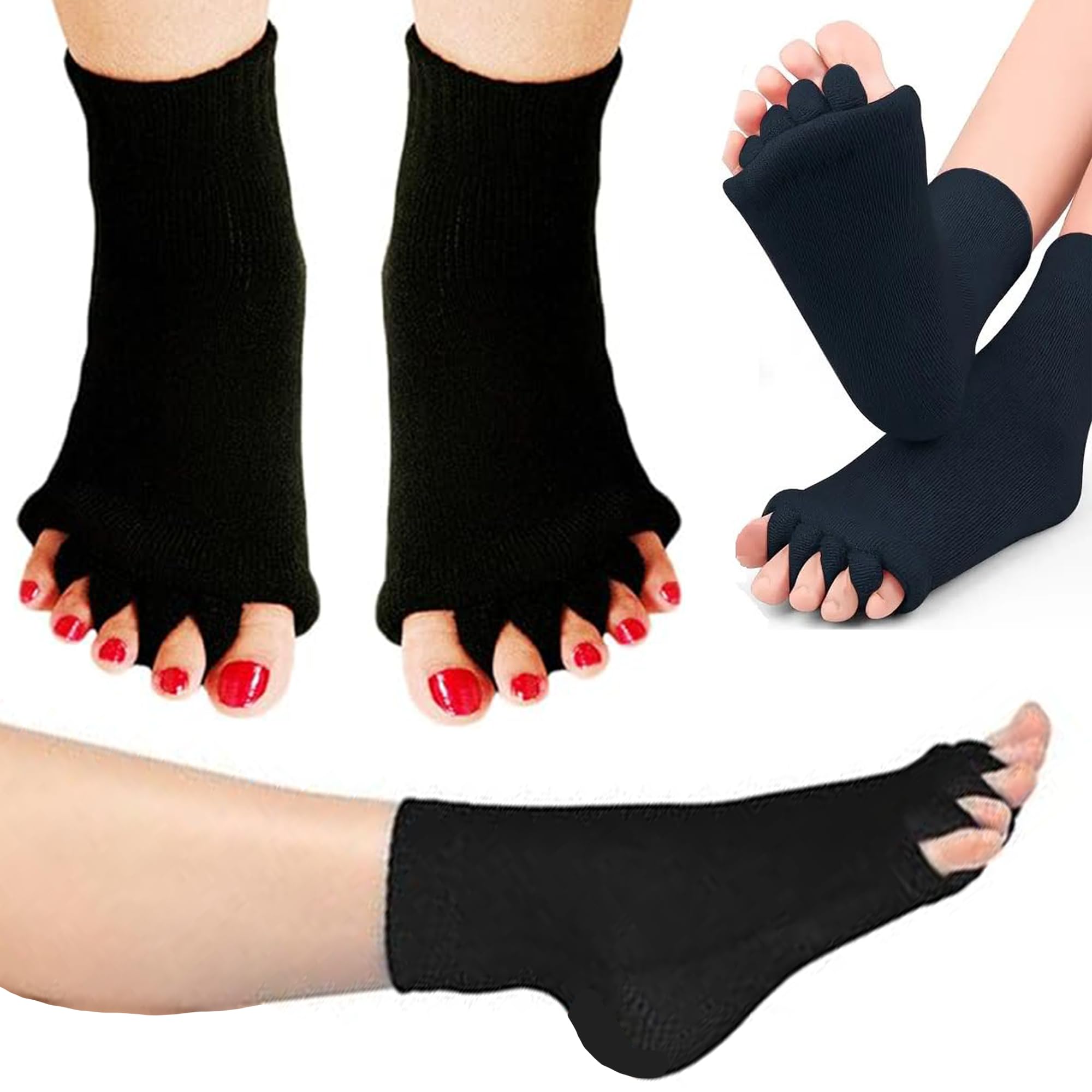 PANIXIA Foot Alignment Socks 5 Finger Toe Separator for Men & Women (Free Size | Black) Plantar Fasciitis Leg Foot Pain Relief Bunion Corrector Hallux Valgus, Orthopaedic socks for Office, Yoga, Gym