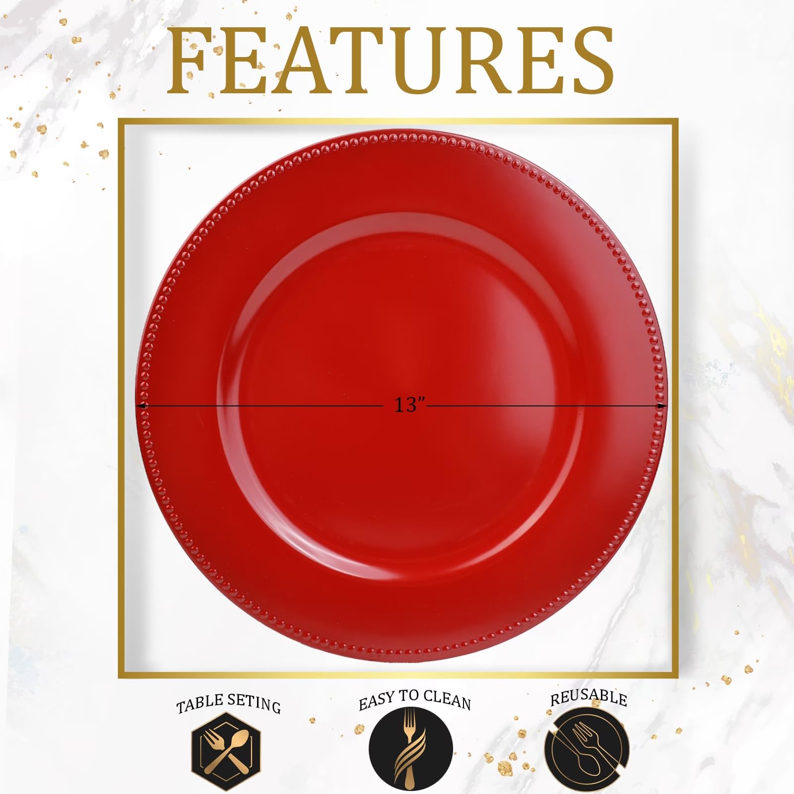 Juego de 12 platos de carga rojos con cuentas. Cargadores de mesa de plástico reutilizables de 13 pulgadas para platos llanos
