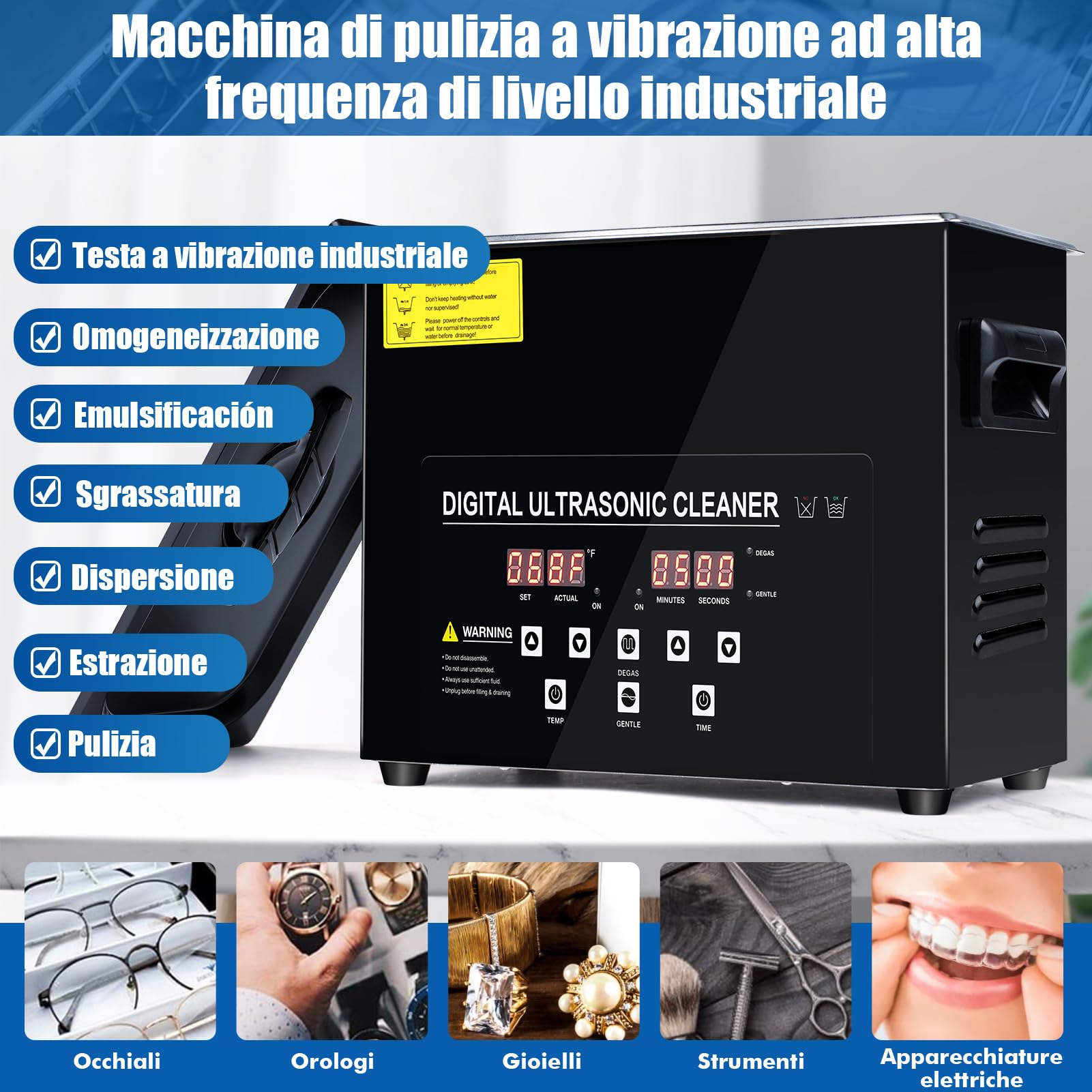 Pulitore Ultrasuoni Industriale, Macchina per Pulizia ad Ultrasuoni Digitale 120W con Degasaggio Modalità Delicata, Pulitore ad Ultrasuoni da 40kHz con Timer e Riscaldatore per Casa laboratorio(3L)