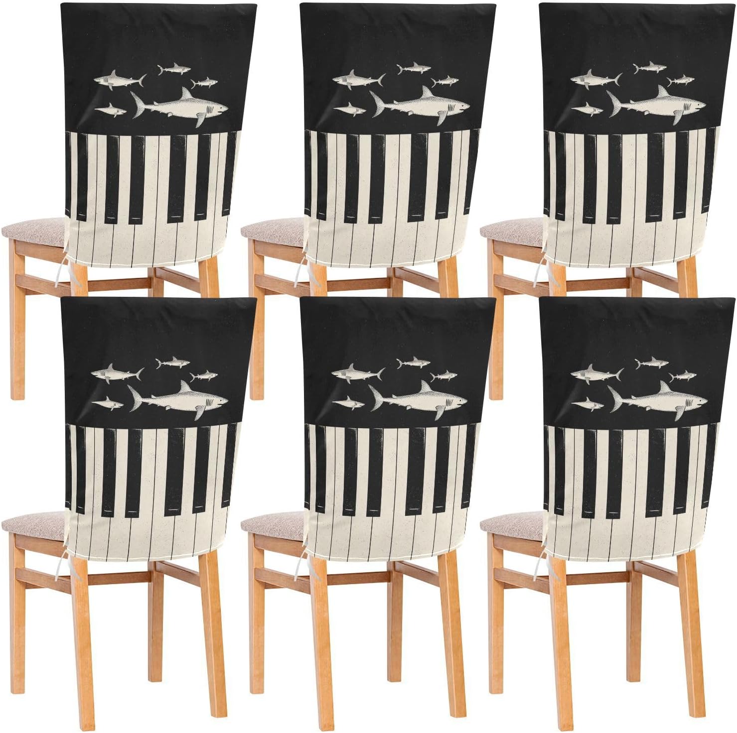 ALAZA Music Piano Keys and Sharks Chair Back Cover Set of 6, Washable Reusable Removable Chair Slipcovers Decorative Chair Cover for Home Kitchen Wedding Party