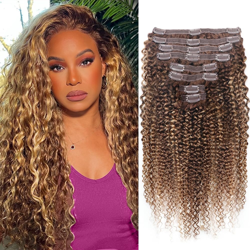 Curly Clip In Hair Extensions Real Human Hair Clip Ins Balayage Chocolate Brown to Caramel Blonde Human Hair Extensions 8Pcs with18clips 120g/Set (26