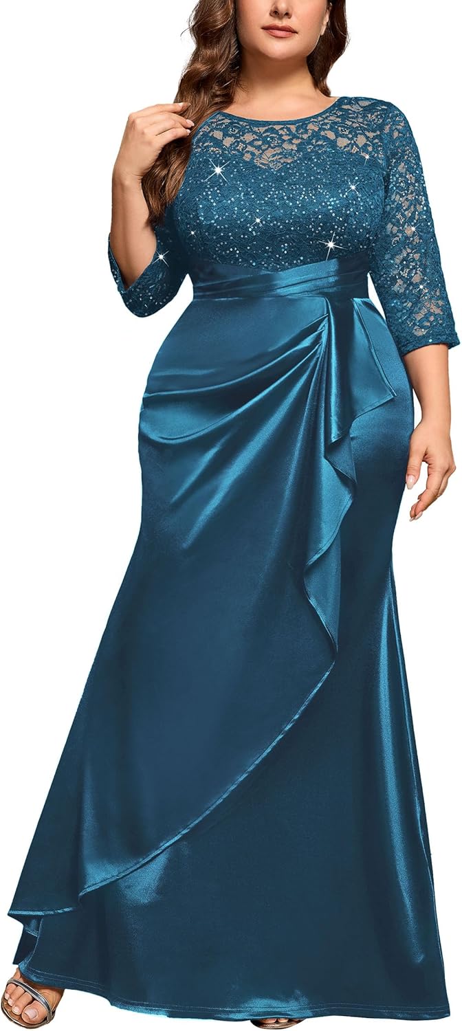 MISSMAY Women's Plus Size Sequin Lace Contrast Satin Ruched Bodycon Mermaid Formal Maxi Dress