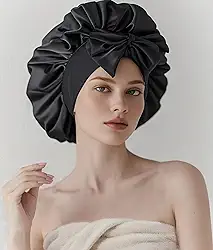 Touca de cetim de seda para mulheres dormindo, touca de cabelo ajustável 1 pacote, Preto