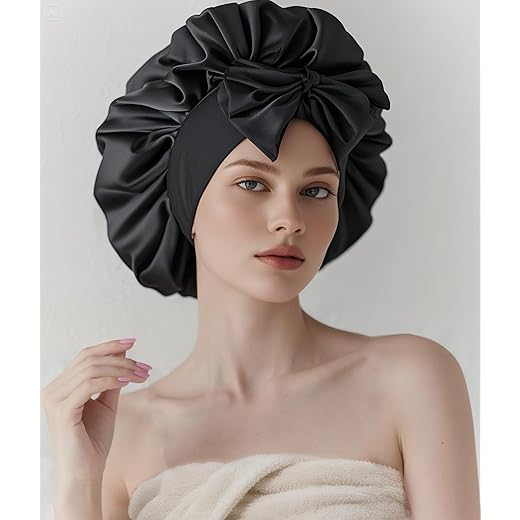 Touca de cetim de seda para mulheres dormindo, touca de cabelo ajustável 1 pacote, preto