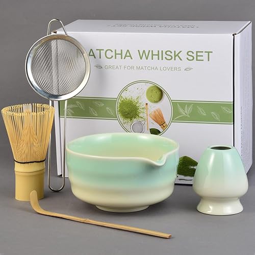 Juego de batidor de matcha, 5 piezas de té matcha de ceremonia japonesa, incluye cuenco de cerámica con boquilla, batidor de bambú y soporte,