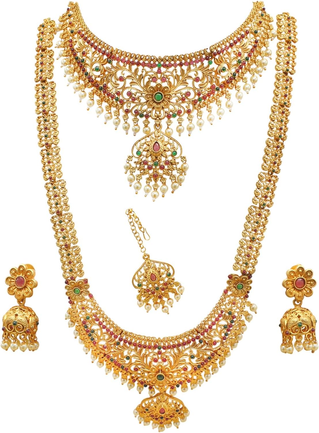 Nagneshi ArtGold Plated Traditional Bridal Long & Choker Necklace With Jhumki/Jhumka Earrings & Maang Tikka Jewellery Set For Women/Girls