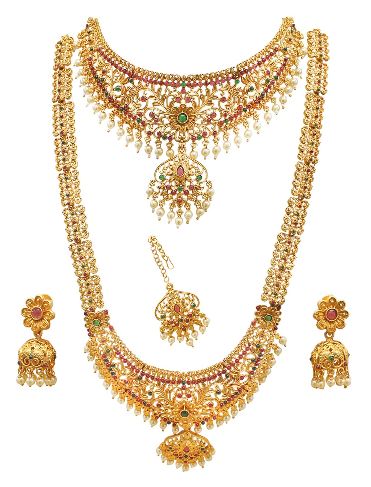 Nagneshi ArtGold Plated Traditional Bridal Long & Choker Necklace With Jhumki/Jhumka Earrings & Maang Tikka Jewellery Set For Women/Girls
