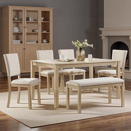 Miniatura 3 de Juego de mesa de comedor para 6, juego de sillas de mesa de cocina de 6 piezas con mesa rectangular, 4 sillas tapizadas de lino y banco, juego de