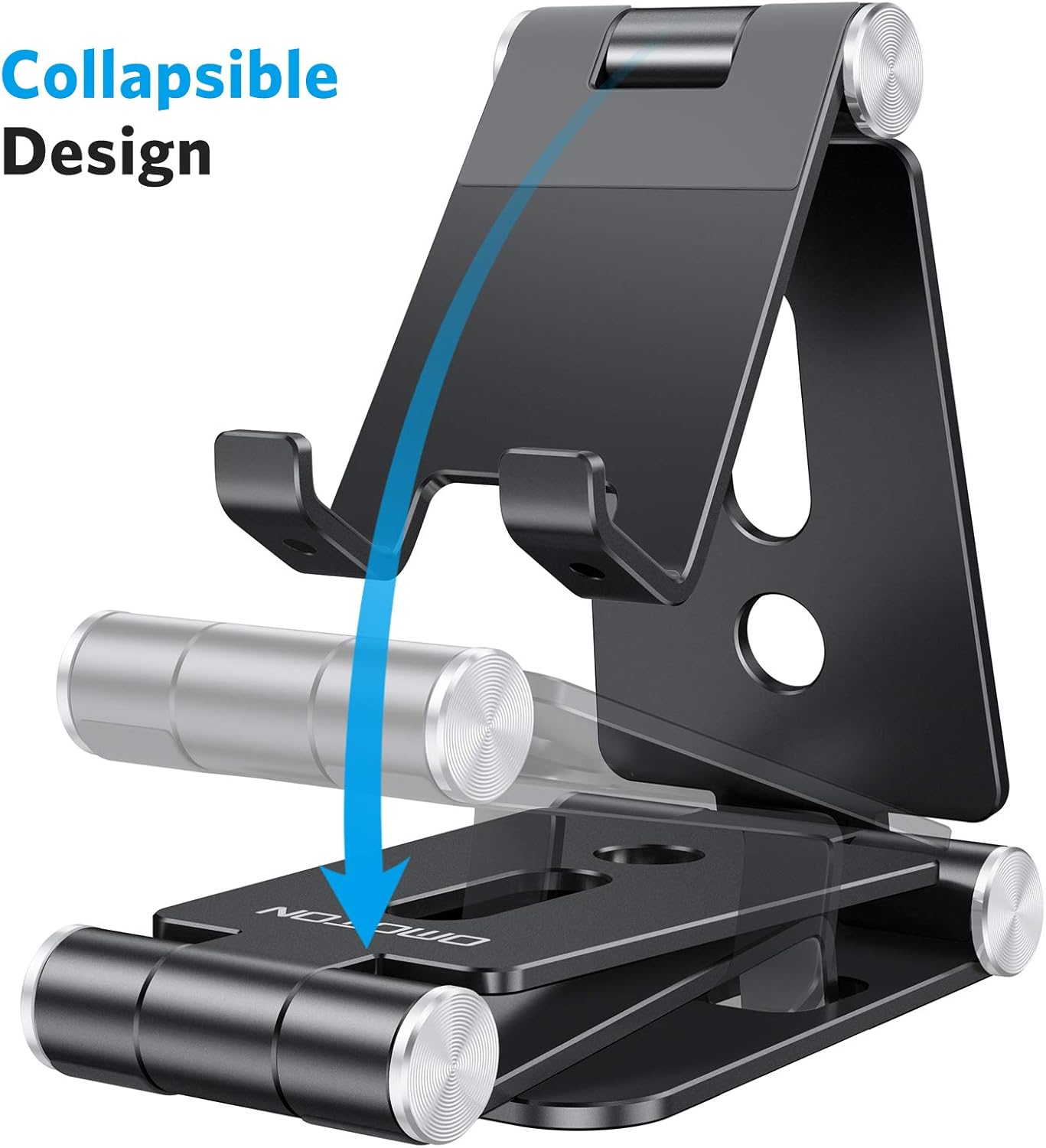 Diagram illustrating the collapsible design of the Omoton C4 stand, showing how it folds flat.