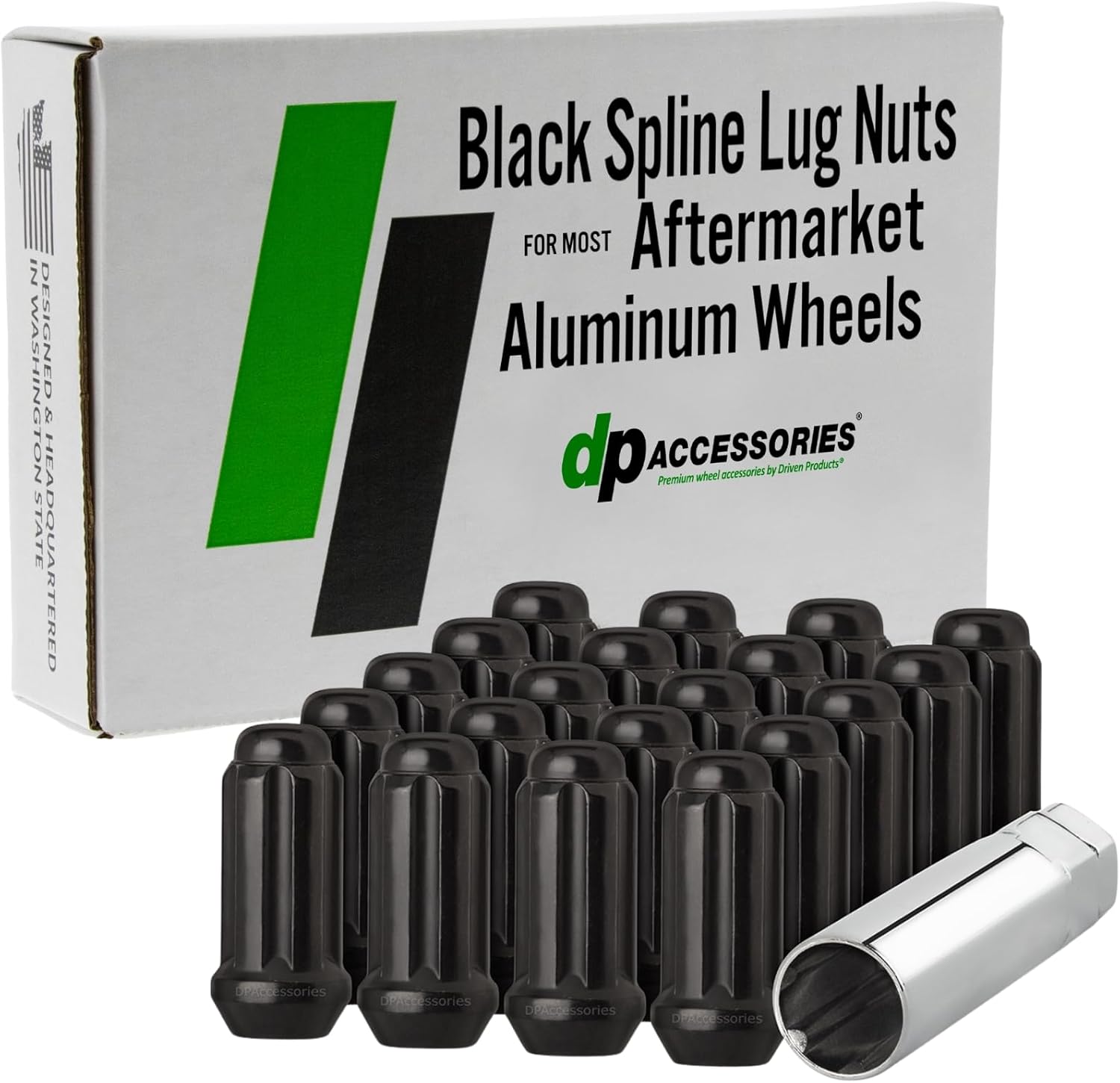 DPAccessories Lug Nuts Compatible with 2024-2026 Toyota Grand Highlander | Black Spline Style | for Aftermarket Aluminum Wheels Only | Set of 20 Wheel Nuts & 1 Tool | DTOGRH01A-BK/1