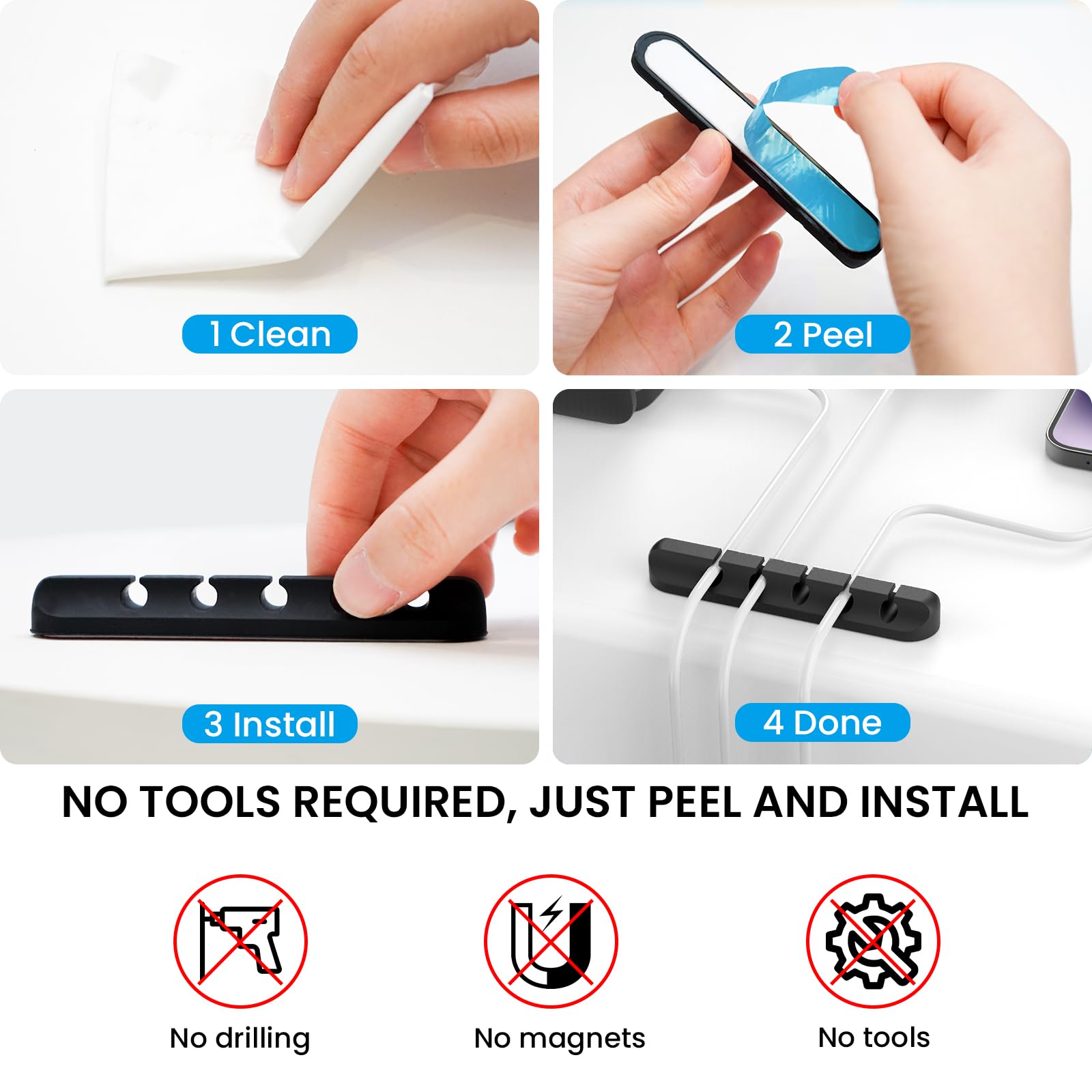 Set Di 3 Clip Adesive Per Organizzare Cavi - In Silicone, Antiscivolo E Riutilizzabili