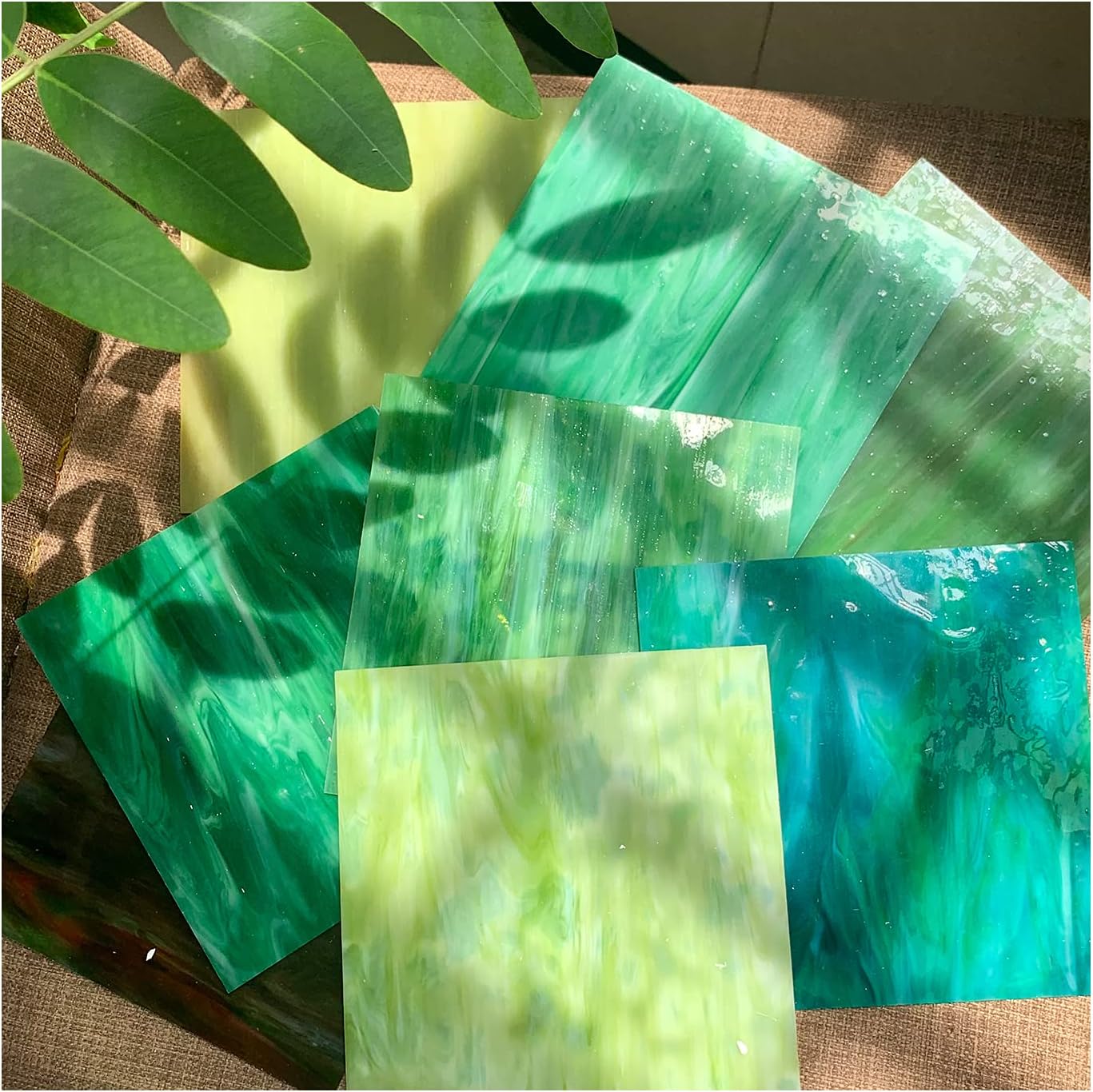MaxGrain 6x6 inch Stained Glass Sheets Green Variety Mixed