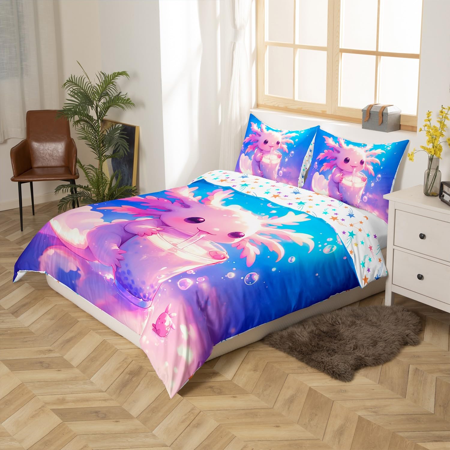 Homemissing Kids Cute Axolotl Bedding Set Double Size Cartoon Salamander DrinSuper King Comforter Cover Set for Boys Girls Kawaii Ocean Sealife Duvet Cover Bedspread Cover Room Decor,No Stuffing - Image 2