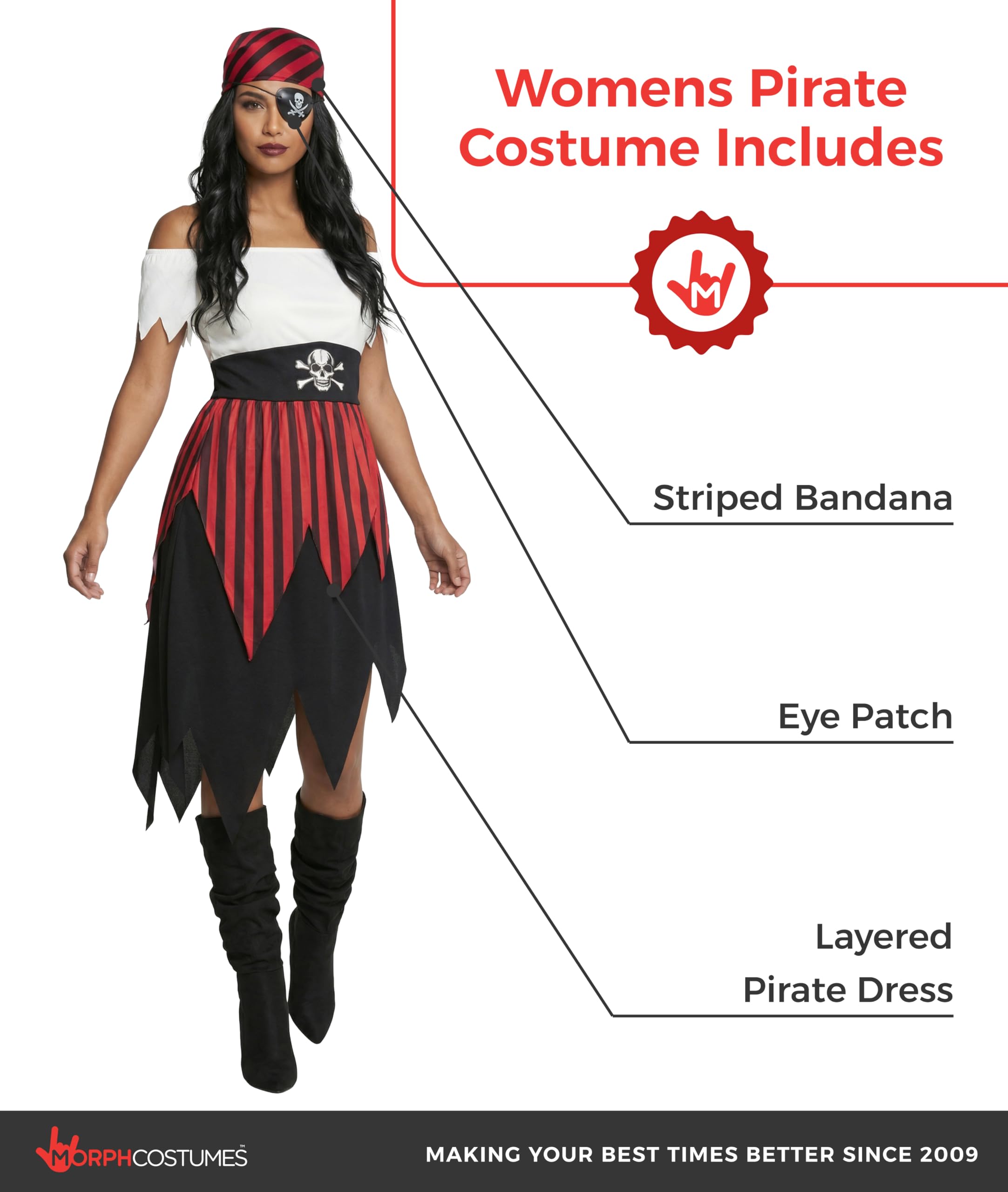 Morph Deguisement Femme Pirate, Costume Flibustiere Halloween Femme | Robe, Bandana & Cache-Œil Assortis, Look de Flibustière, À Enfiler, Parfait pour Halloween, Idéal pour se Déguiser