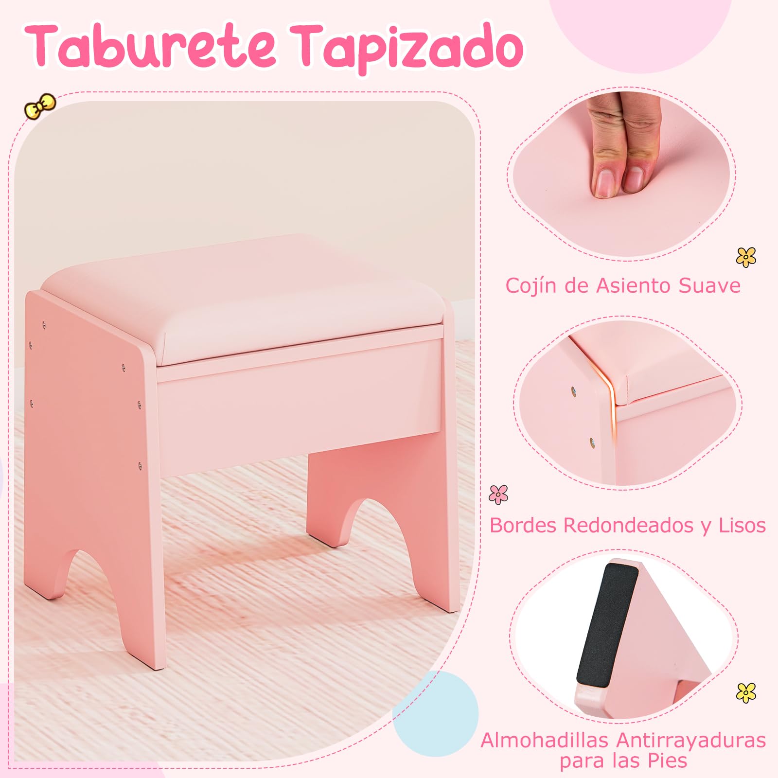 COSTWAY Tocador Niña con Espejo y Luces, Tocador de Maquillaje de Princesa con Estantes Abiertos, Ranuras para Anillos y Taburete Tapizado, Mesa de Maquillaje para Niñas (Rosa)