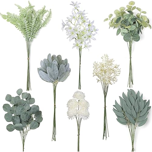 YXZZWL Artificial Greenery Stems Box Set，65 Pcs with 8 Kinds of Faux Greenery Branches Fake Eucalyptus for Wedding DIY Bouquets Floral Arrangement Table Centerpieces (Grey Green &Beige)