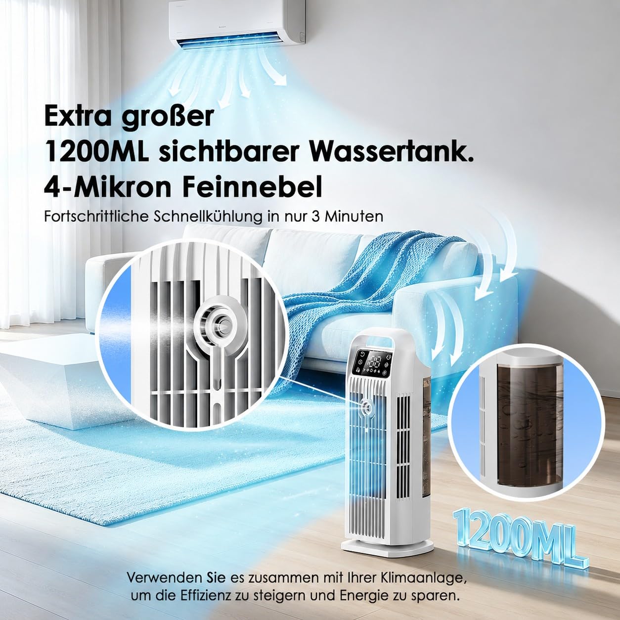 Mobile Klimaanlage ohne Abluftschlauch 6-in-1, Luftkühler mit Wasserkühlung & 1200ml Tank, 7m/s Turbo, 120° Oszillation, 1-12H Timer, 36W Leises Mini Klimagerät für Schlafzimmer & Büro, Cremeweiß