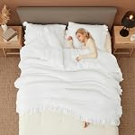 White Ruffled Queen Size Comforter Set, 3PCS Soft Washed Microfiber Lightweight & Fluffy All-Season Bedding Comforter with Vintage French Country Style, White, 90x90 in