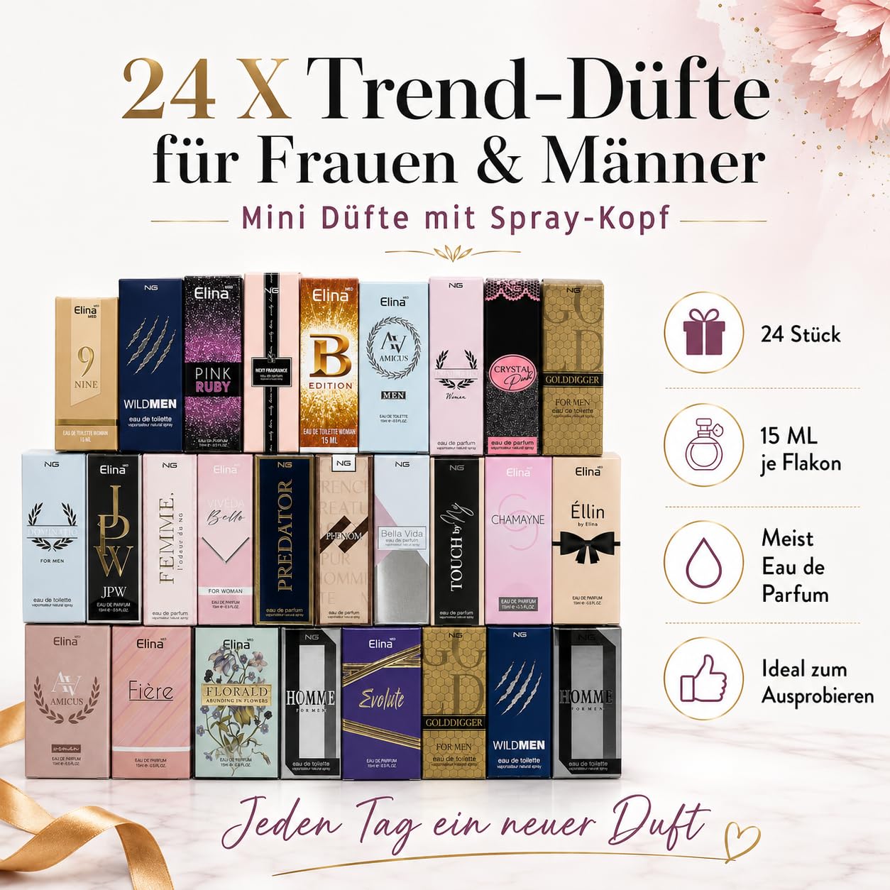 Trend Düfte Set 24 x 15 ml Parfüm für Damen Herren mit Spray Kopf Mini Flakon