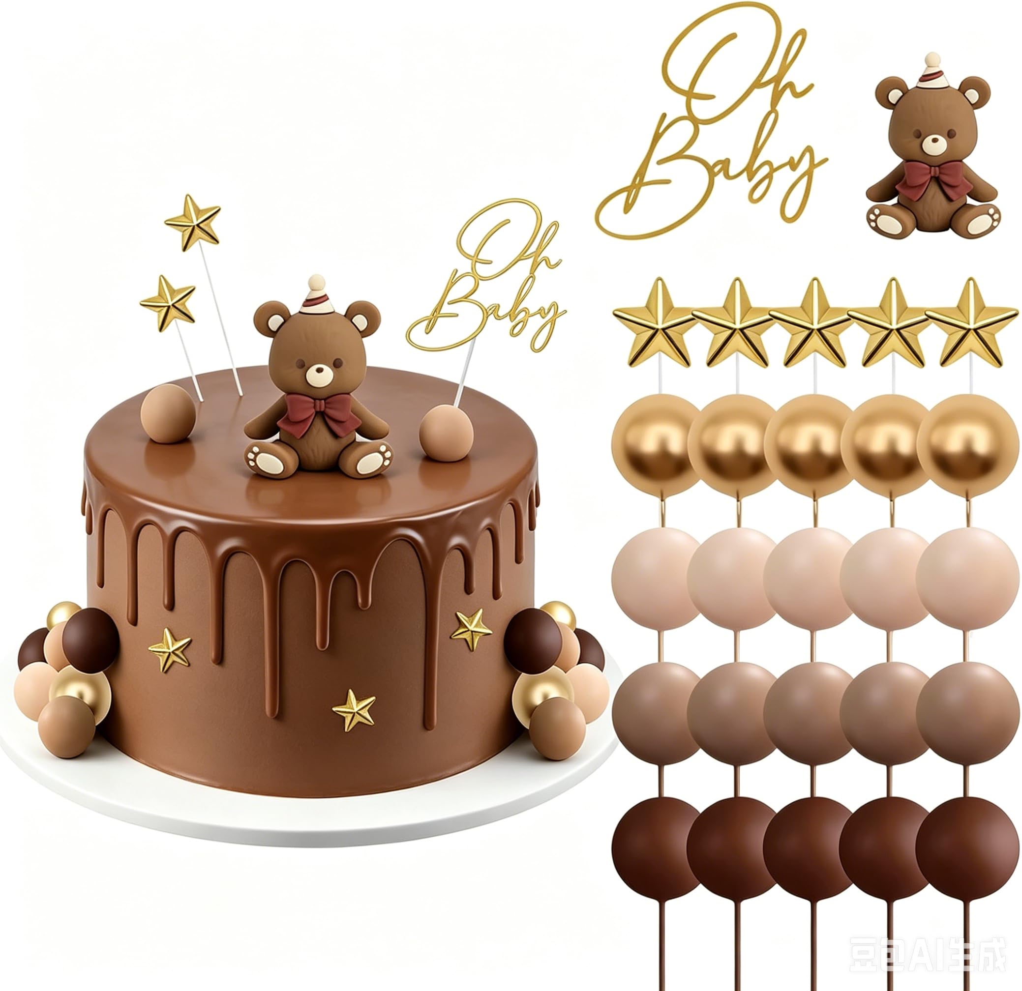 27Pcs Bear Cake Topper, Baby Shower Cake Decorations, Topper Boho Cake, Including an Oh Baby Cake Decorating Topper, Suitable for Boys, Girls and All Kinds of Parties