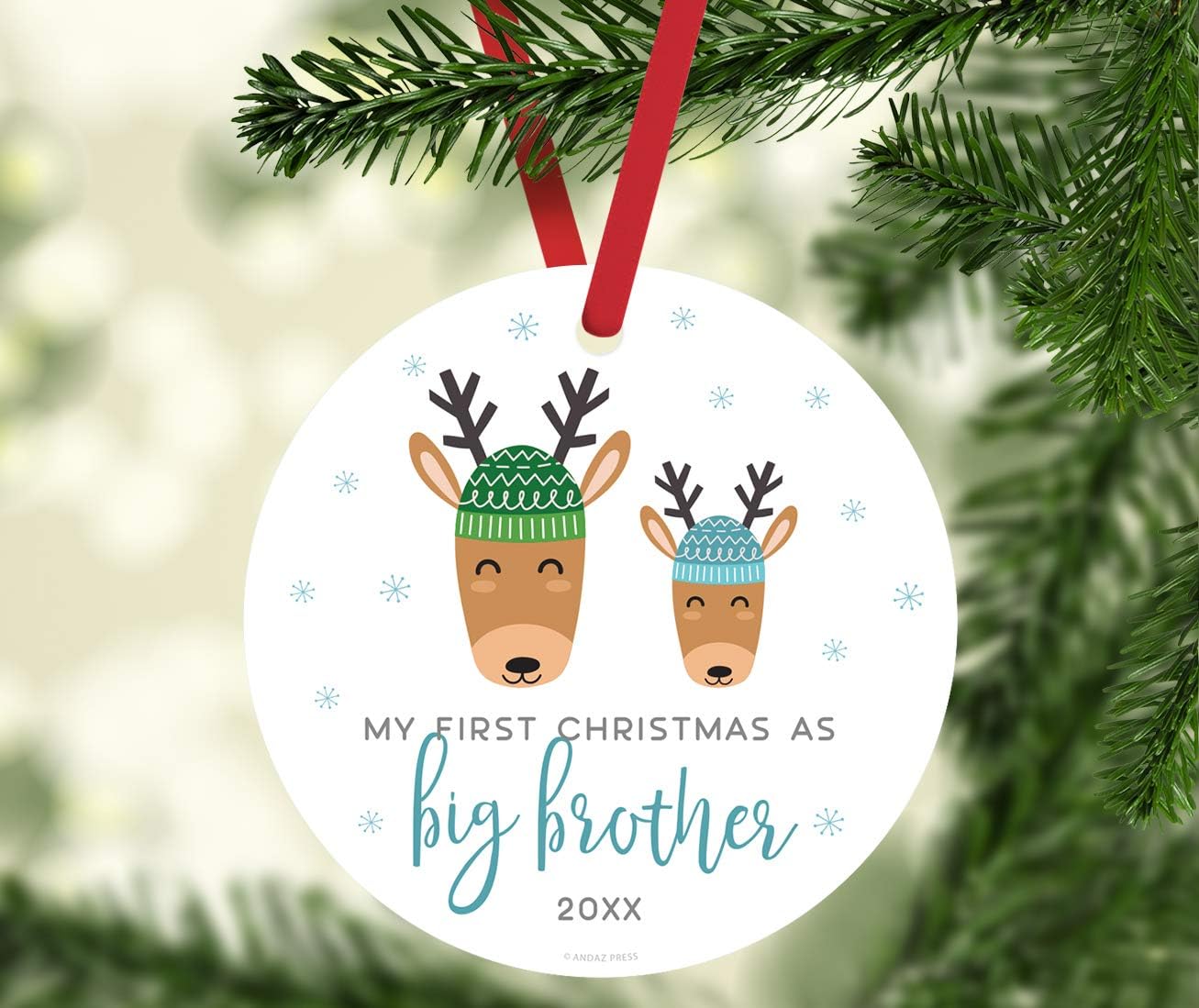 Andaz Press Custom Year Family Metal Christmas Ornament, My First Christmas As Big Brother 2026, Holiday Reindeer Snowflakes, 1-Pack, Includes Ribbon and Gift Bag Big Brother Ornament 2026
