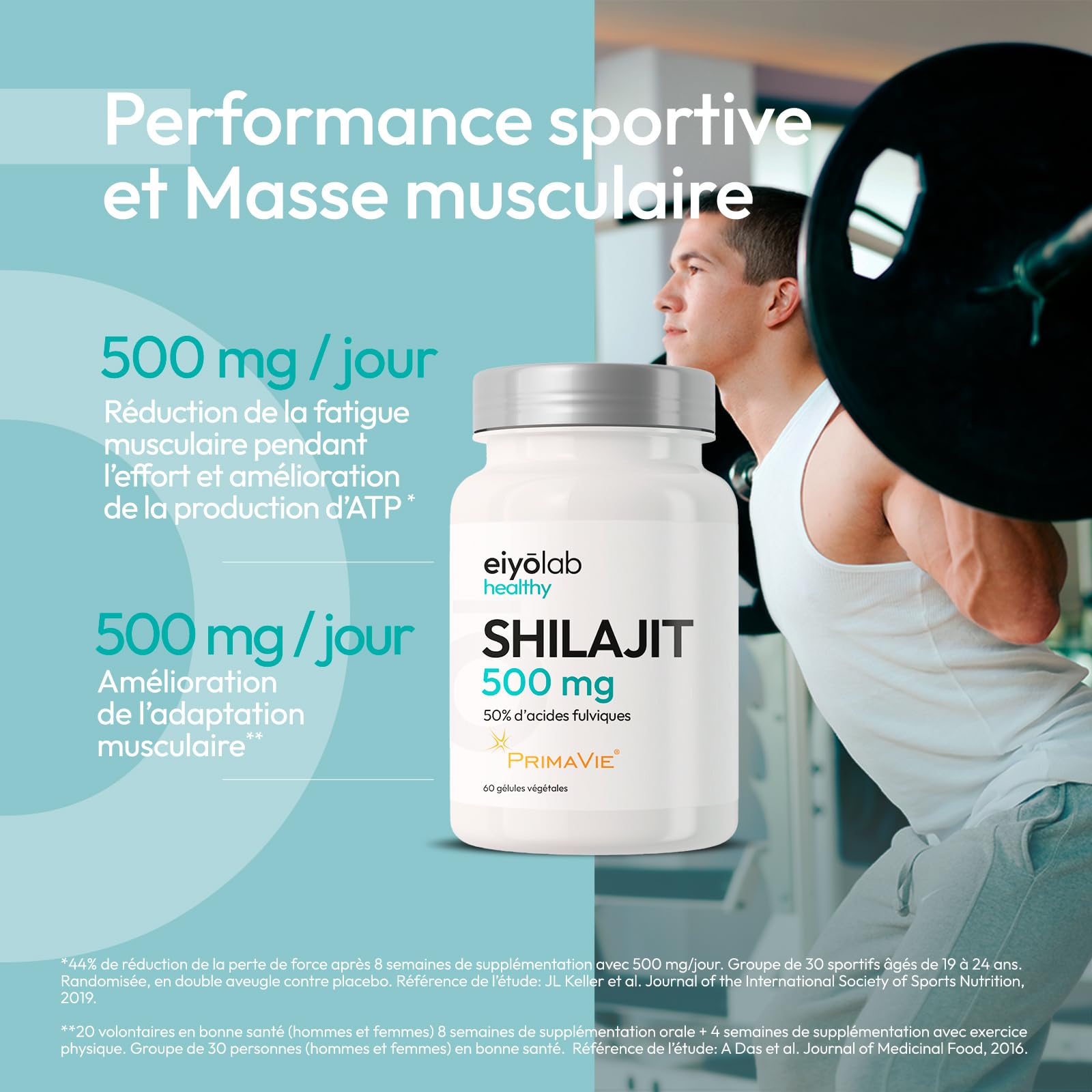 Shilajit Breveté PRIMAVIE® | Extrait Pur en Gélules | Immunité, Musculation et Articulations | Riche en Acide Fulvique (50%) et en Acide Humique (10%) | 60 Gélules Végétales | Eiyolab