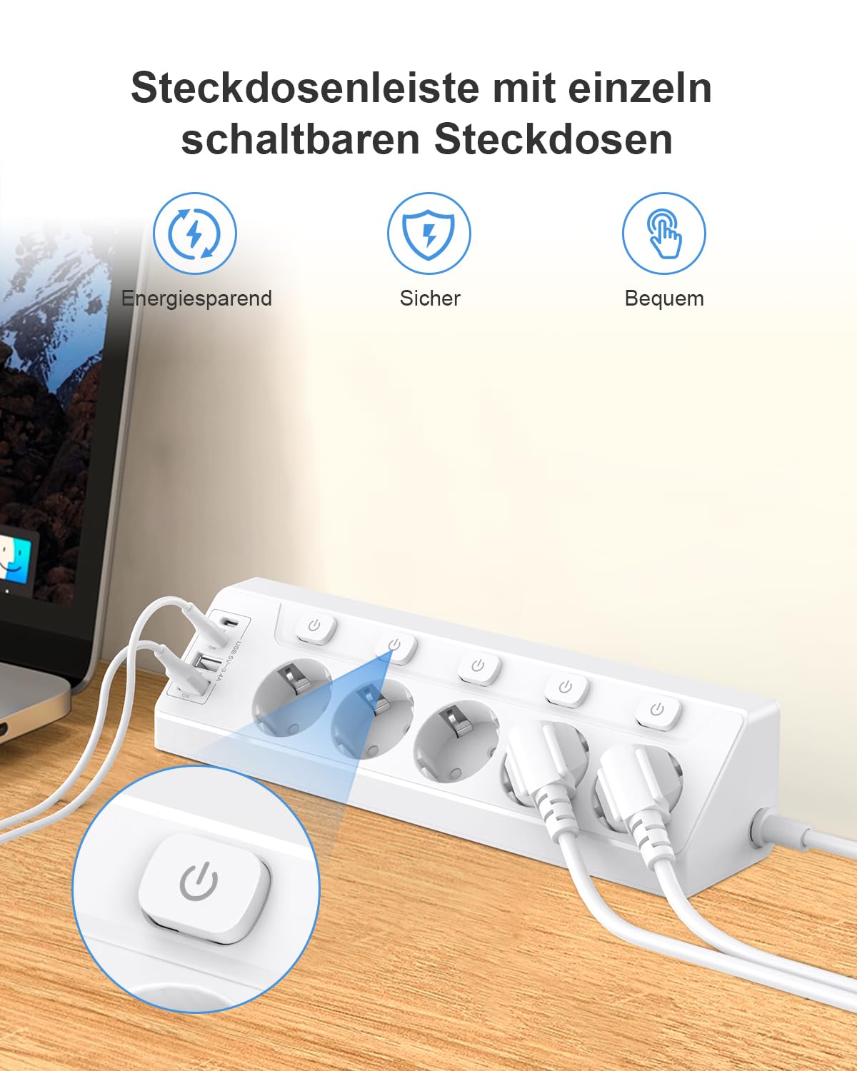Regleta de esquina con interruptor independiente, regleta con 4 USB (2 USB C)+5 enchufes con seguridad para niños, 3680 W, cable de extensión de 2 m para cocina, oficina, hogar (color blanco)