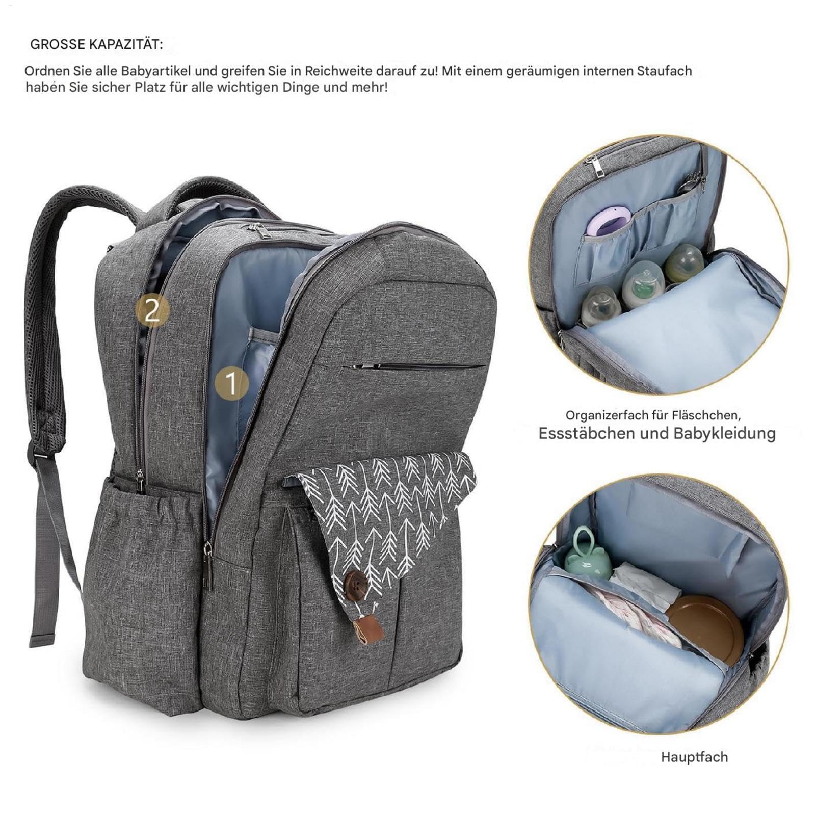 Bolso cambiador para mujer, mochila grande para pañales, mochila de doble capa, bolsa de viaje impermeable de gran capacidad y puerto de carga multifuncional