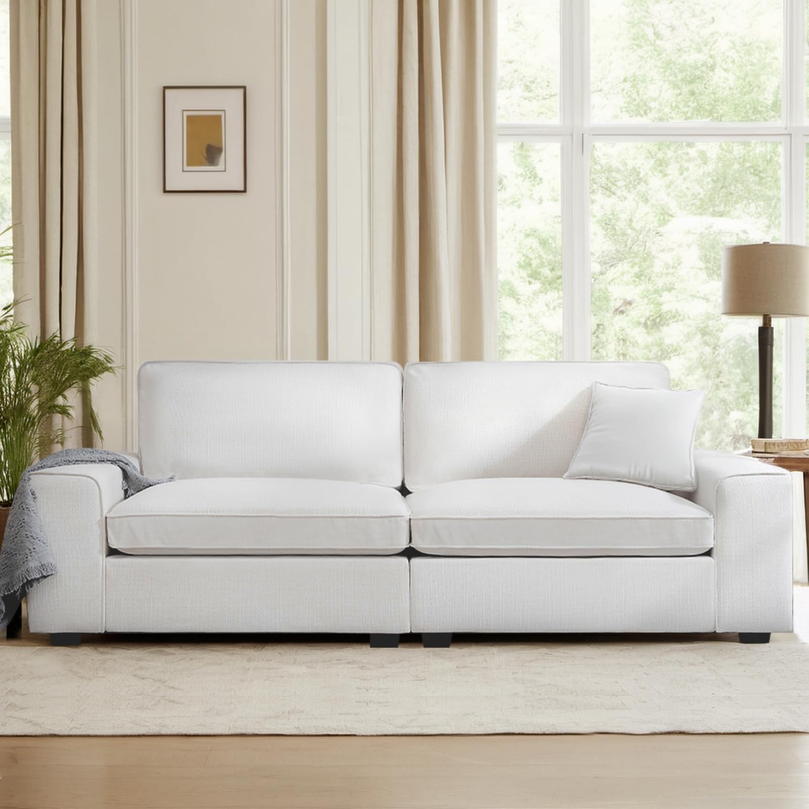 88.58" Modern Sofas for Living Room Linen Breathable Loveseat Sofas & Couches with Square Wide Armrest and Removable Sofa Cushion Off-White