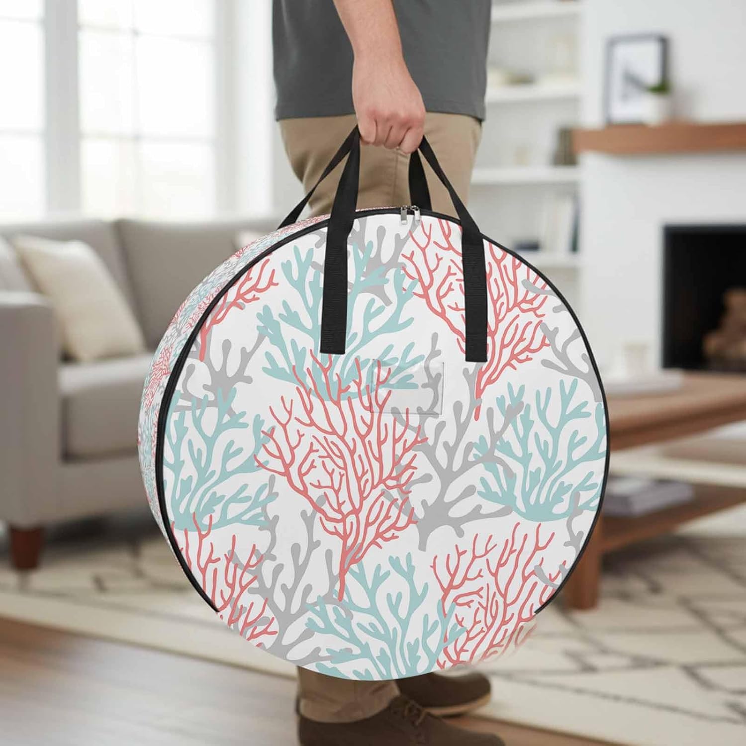 Summer Pink Ocean Coral Round Storage Bag 36 Inch, Blue Gradient Sea Marine Life Clothes Storage Container with Handles Heavy Duty Organizer for Comforter, Bedding & Holiday Wreaths