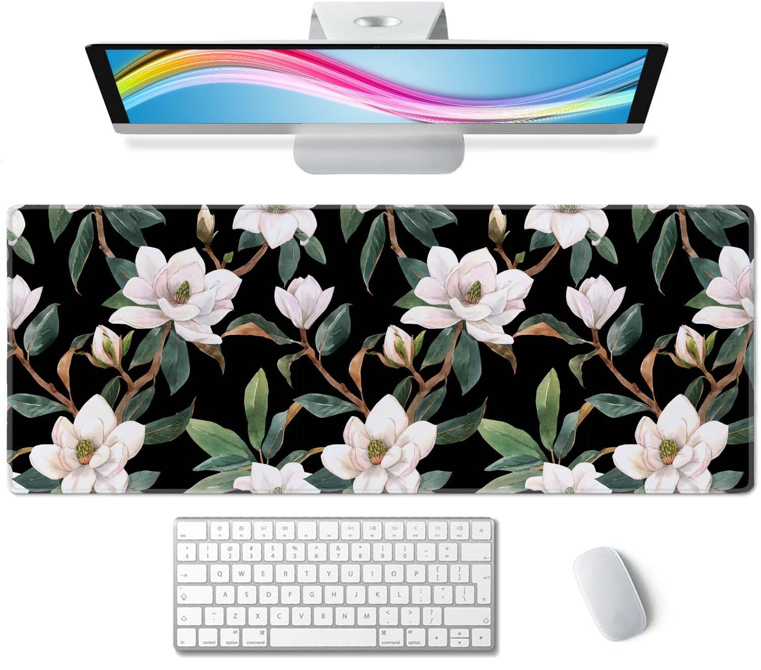 Floral Desk Mat Dark Vintage Aesthetic Desk Pad Flowers Black White Green Extended Mouse Pad Large Gaming Mousepad XL Laptop Computer Mouse Keyboard