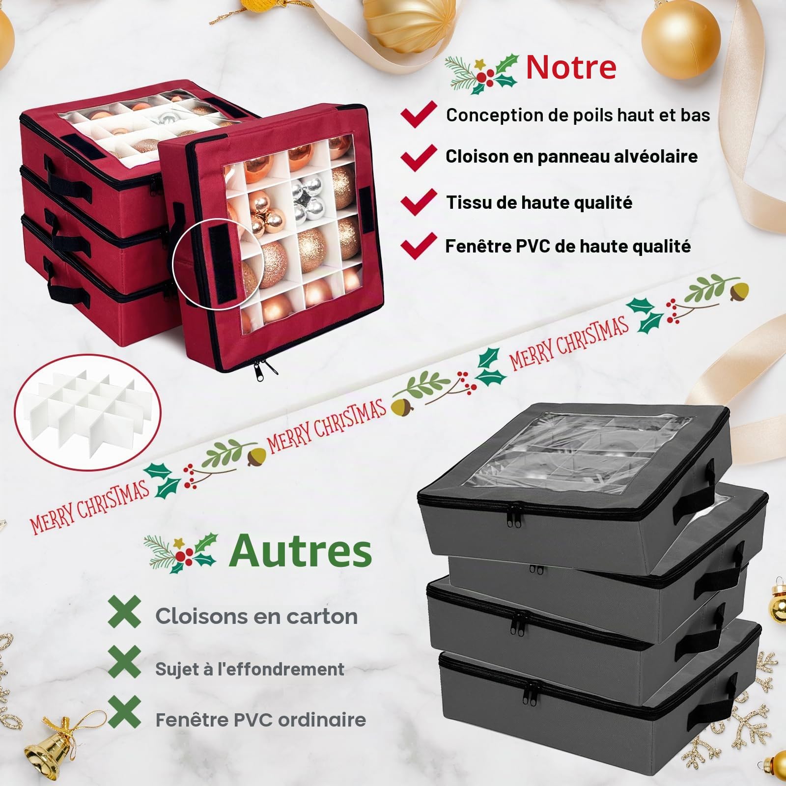Boîte de rangement pour boules de Noël avec séparateurs - 4 pièces de rangement pliables pour décorations de Noël avec 2 poignées et couvercles pour les fêtes (Rouge)